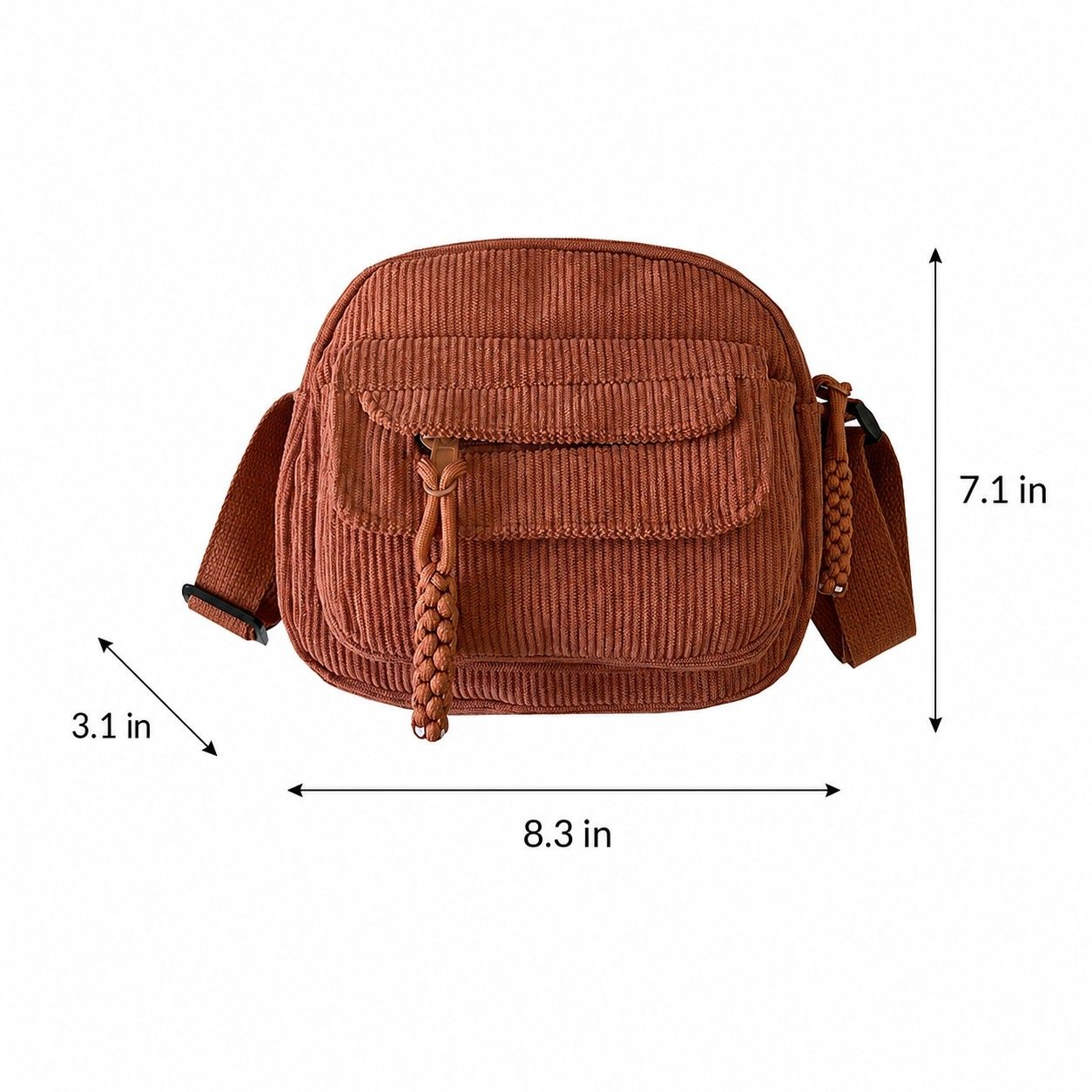 Corduroy Crossbody Bag with Front Pocket Adjustable Strap and Zip Closure