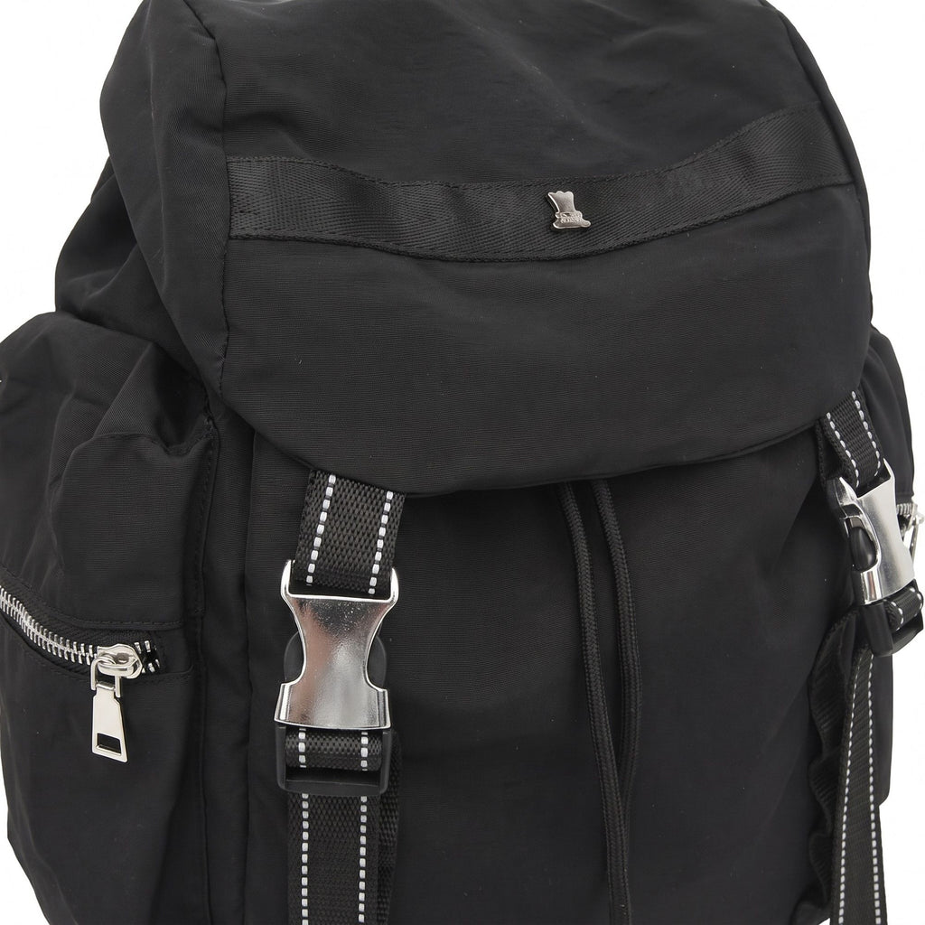 Flap Drawstring Backpack with Dual Buckle Straps and Zippered Side Pockets
