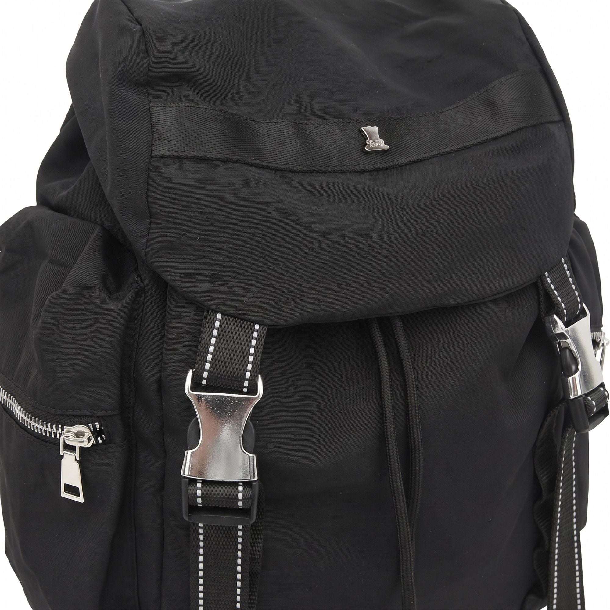 Flap Drawstring Backpack with Dual Buckle Straps and Zippered Side Pockets