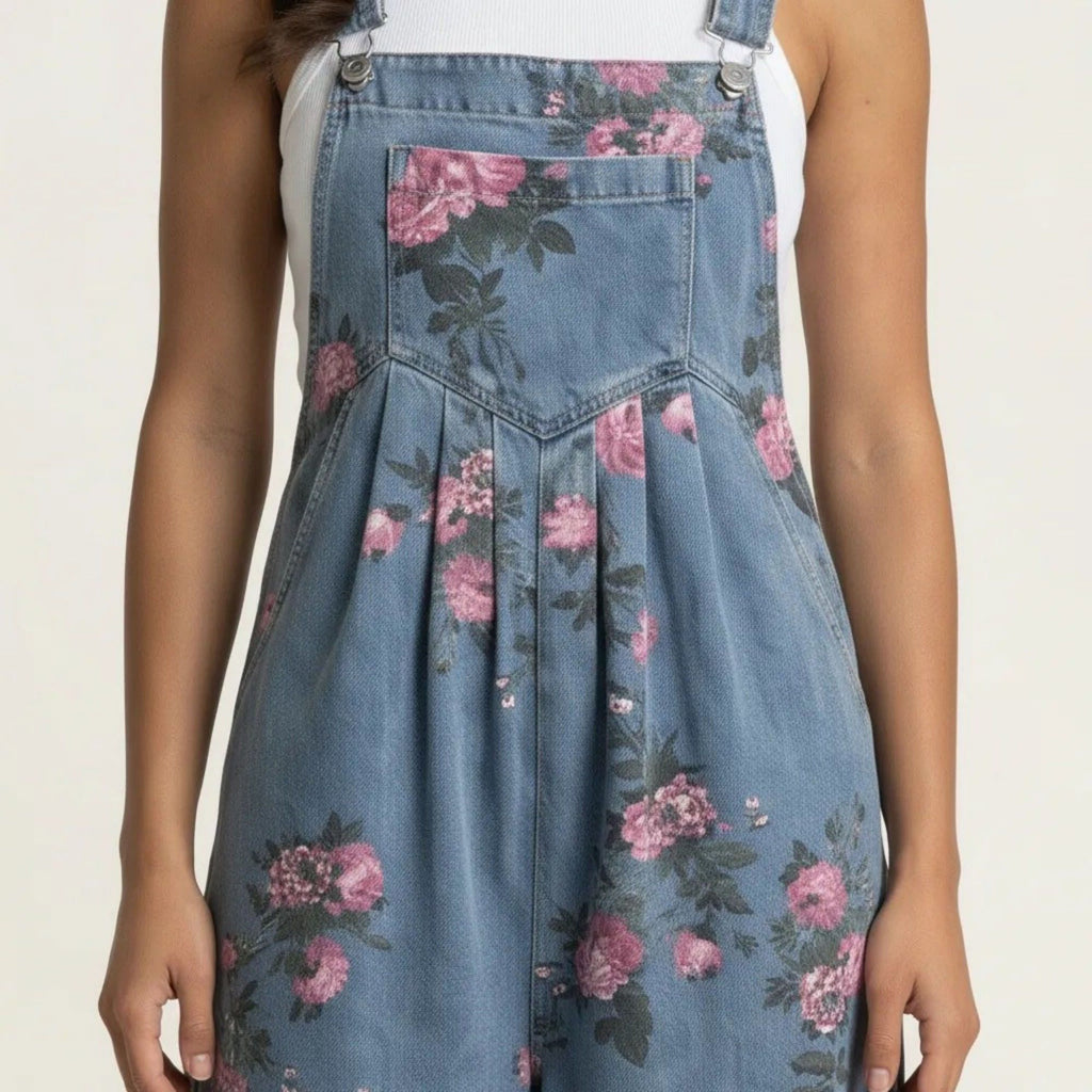 Anna-Kaci Women's Floral Denim Overall Jumpsuit Wide Leg Adjustable Strap Loose Fit Casual Overalls