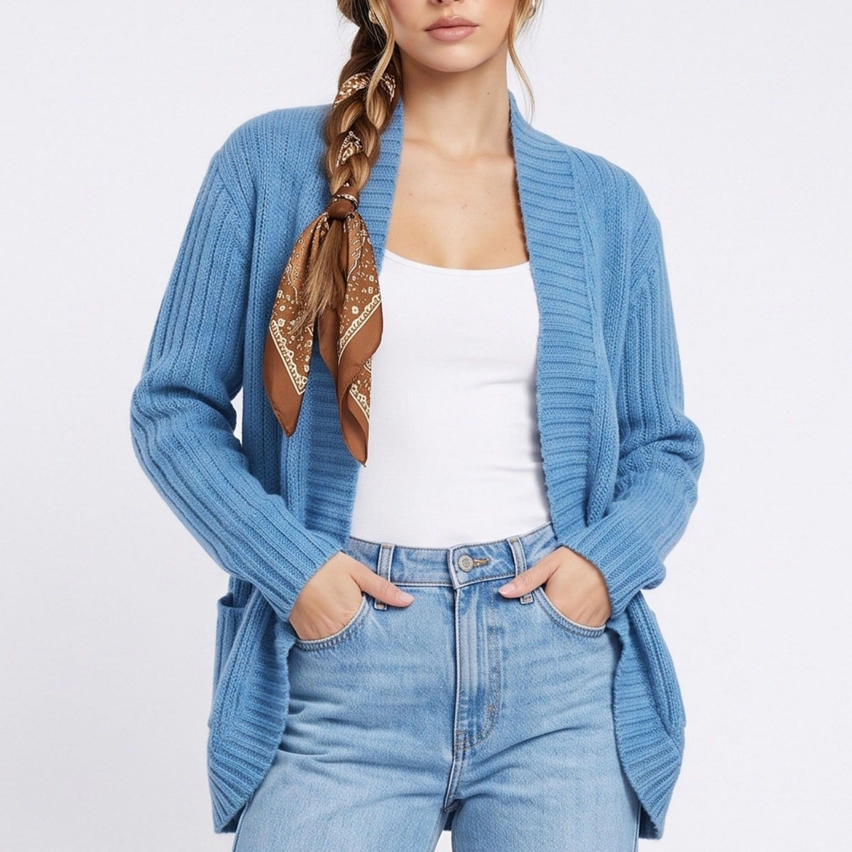 Open Front Ribbed Knit Cardigan with Pockets