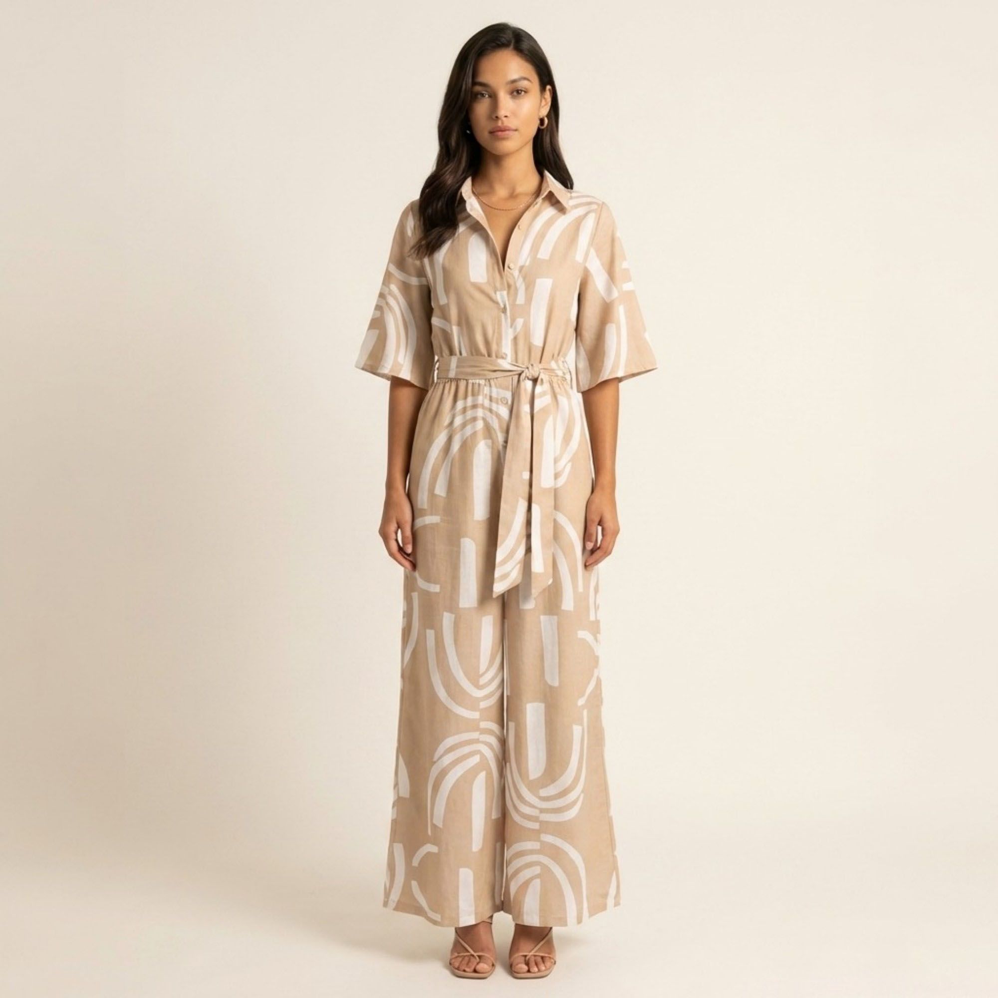 Anna-Kaci Women's Printed Wide Leg Jumpsuit Button Front Short Sleeve Tie Waist Relaxed Fit One Piece