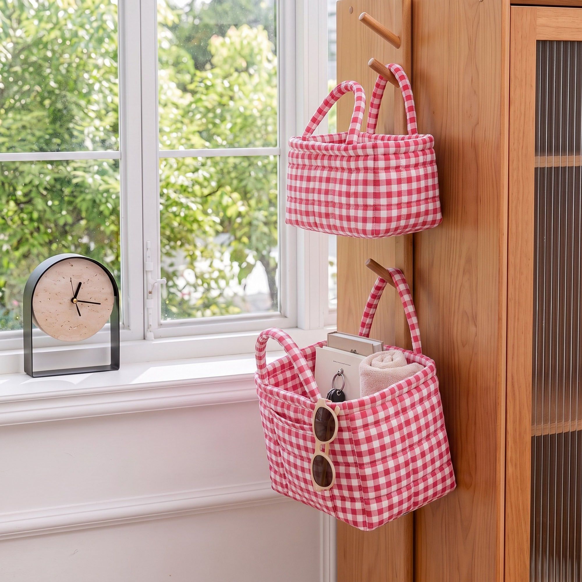 2 Piece Quilted Gingham Storage Tote Set with Handles and Front Pocket