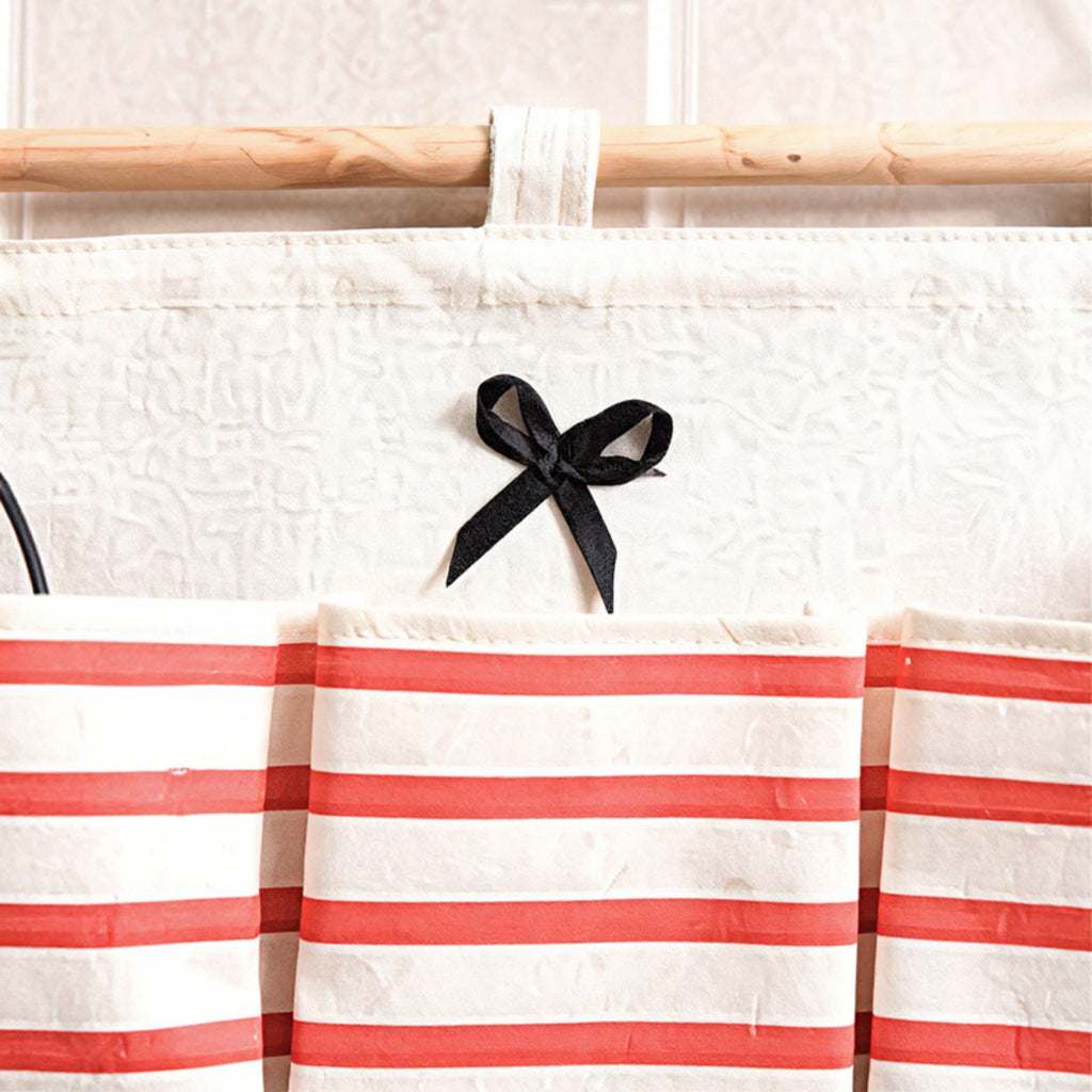 Hanging Wall Organizer with Navy Striped Pockets and Wooden Hanger 19.3x13.5 in