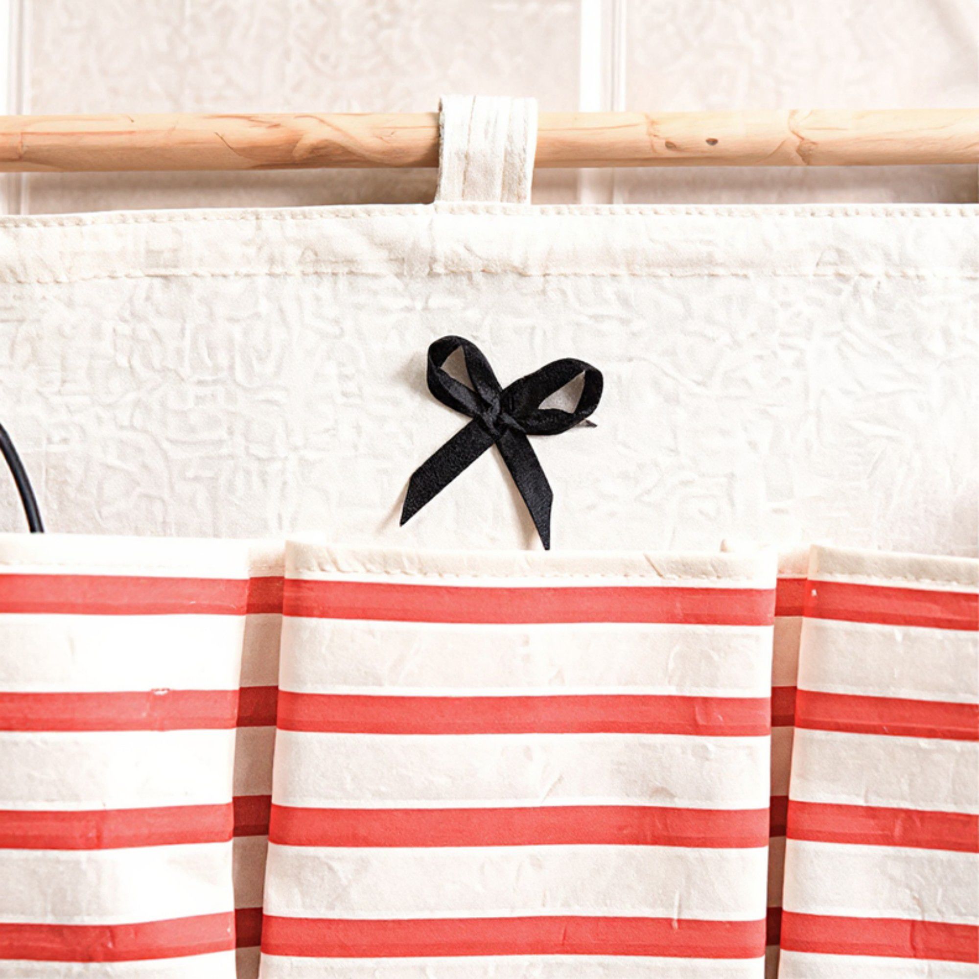 Hanging Wall Organizer with Navy Striped Pockets and Wooden Hanger 19.3x13.5 in