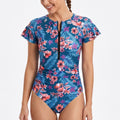 Floral Short Sleeve Zip Front One Piece Rash Guard Swimsuit