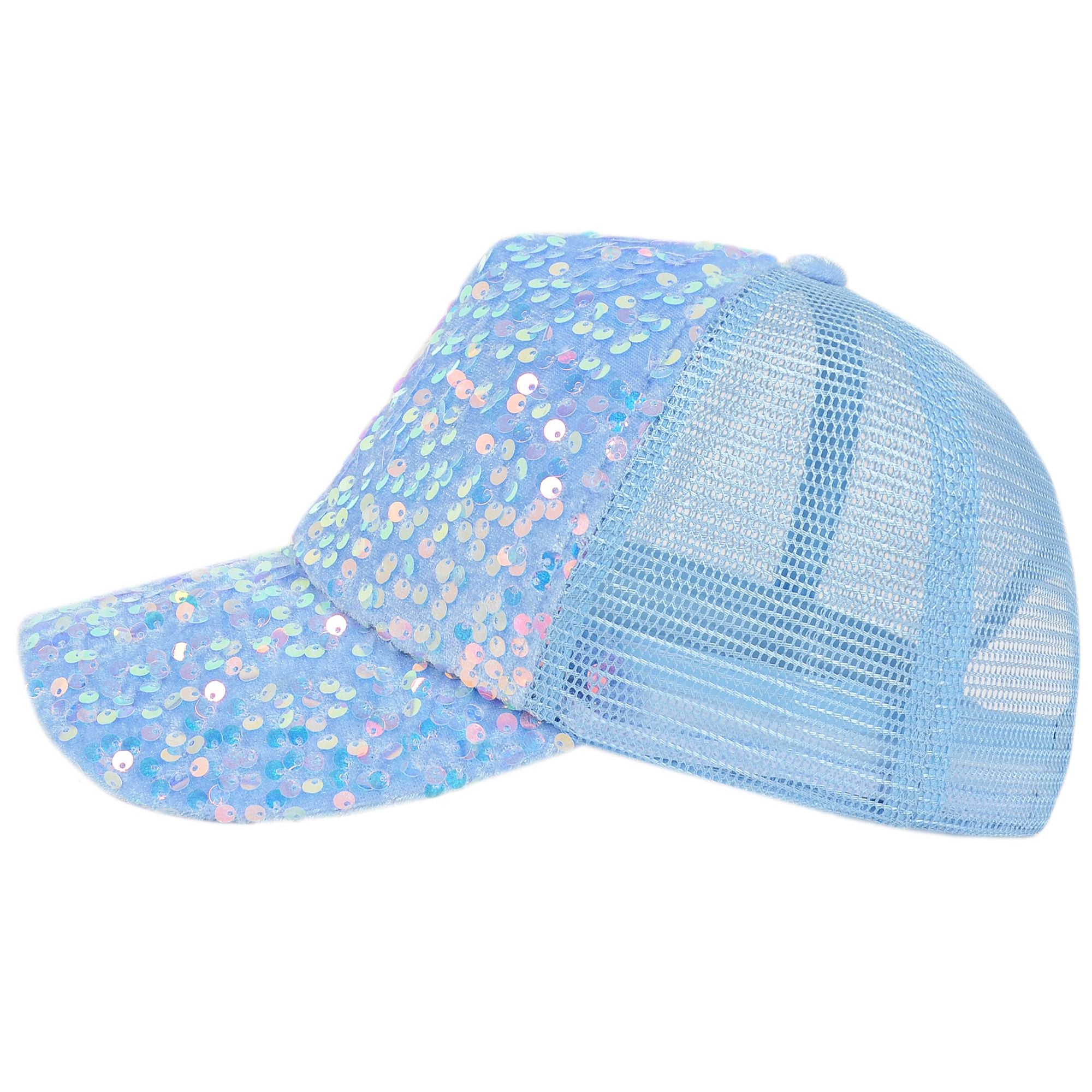 Anna-Kaci Women's Sparkly Sequin Baseball Cap Messy Low Bun Ponycap Velvet Mesh Trucker Hat
