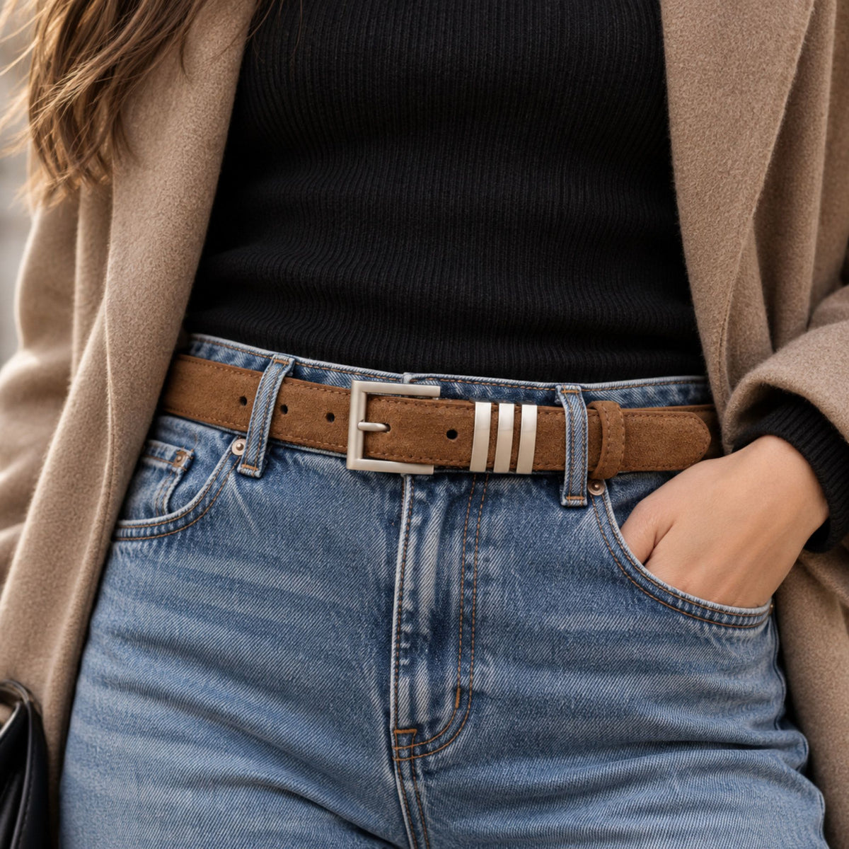 Suede Leather Belt with Silver Tone Bar Accents and Square Buckle 39.4in