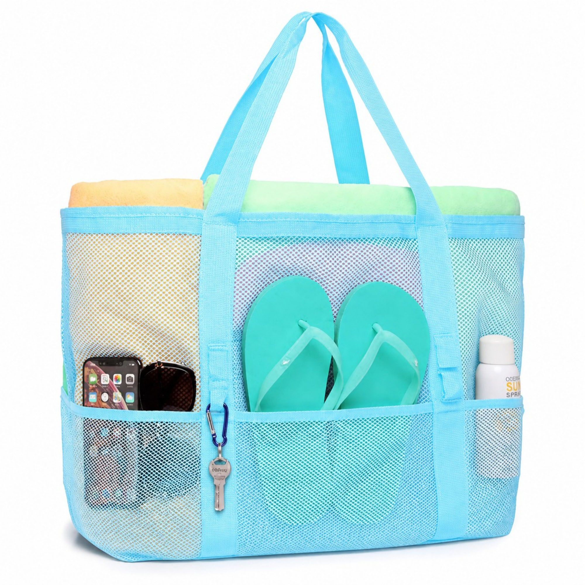 Mesh Beach Tote Bag Large Capacity Travel Shoulder Bag with Exterior Pockets Zipper Top Organizer