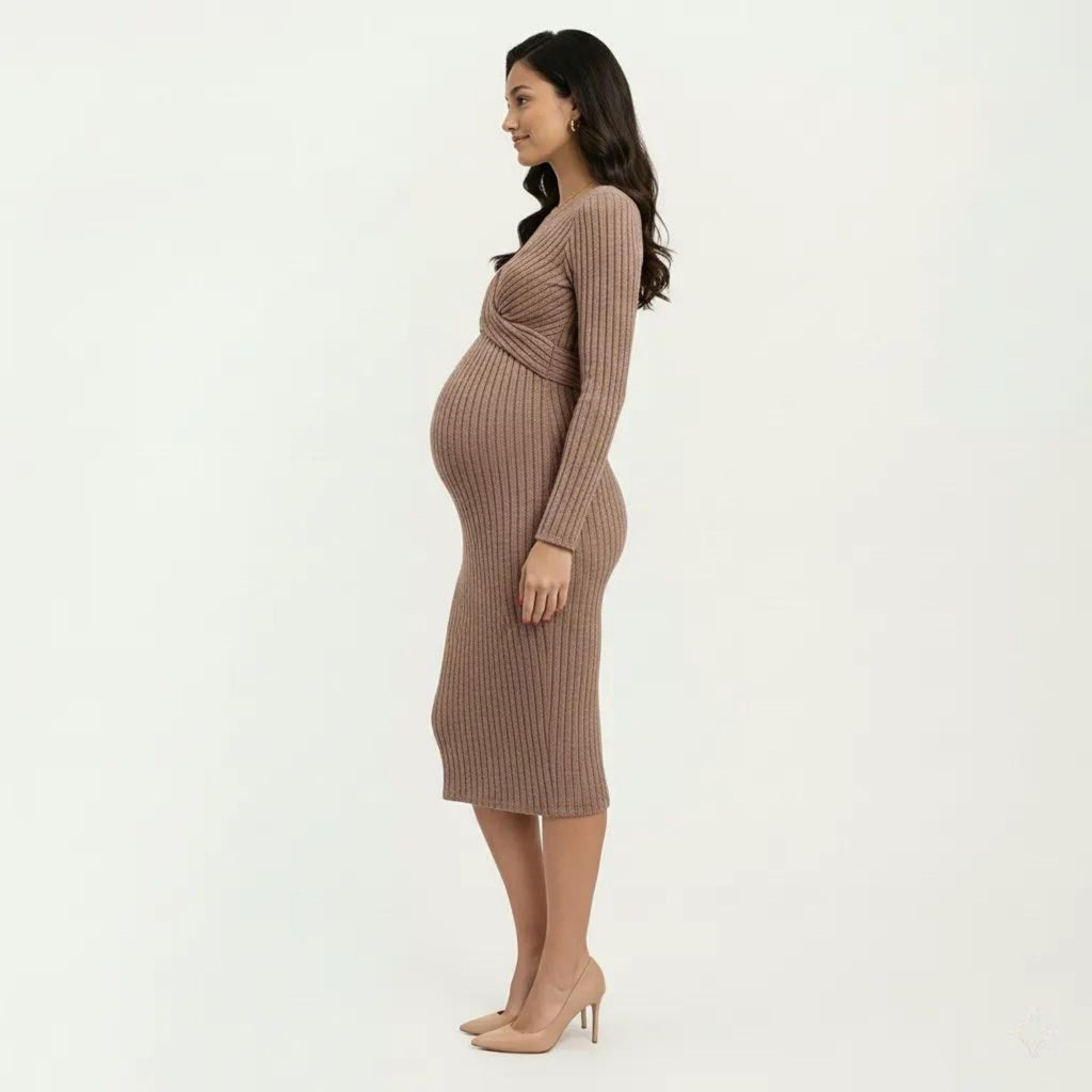 Anna-Kaci Women's Ribbed Knit Bodycon Maternity Dress - Long Sleeve Twist Front Stretch Midi