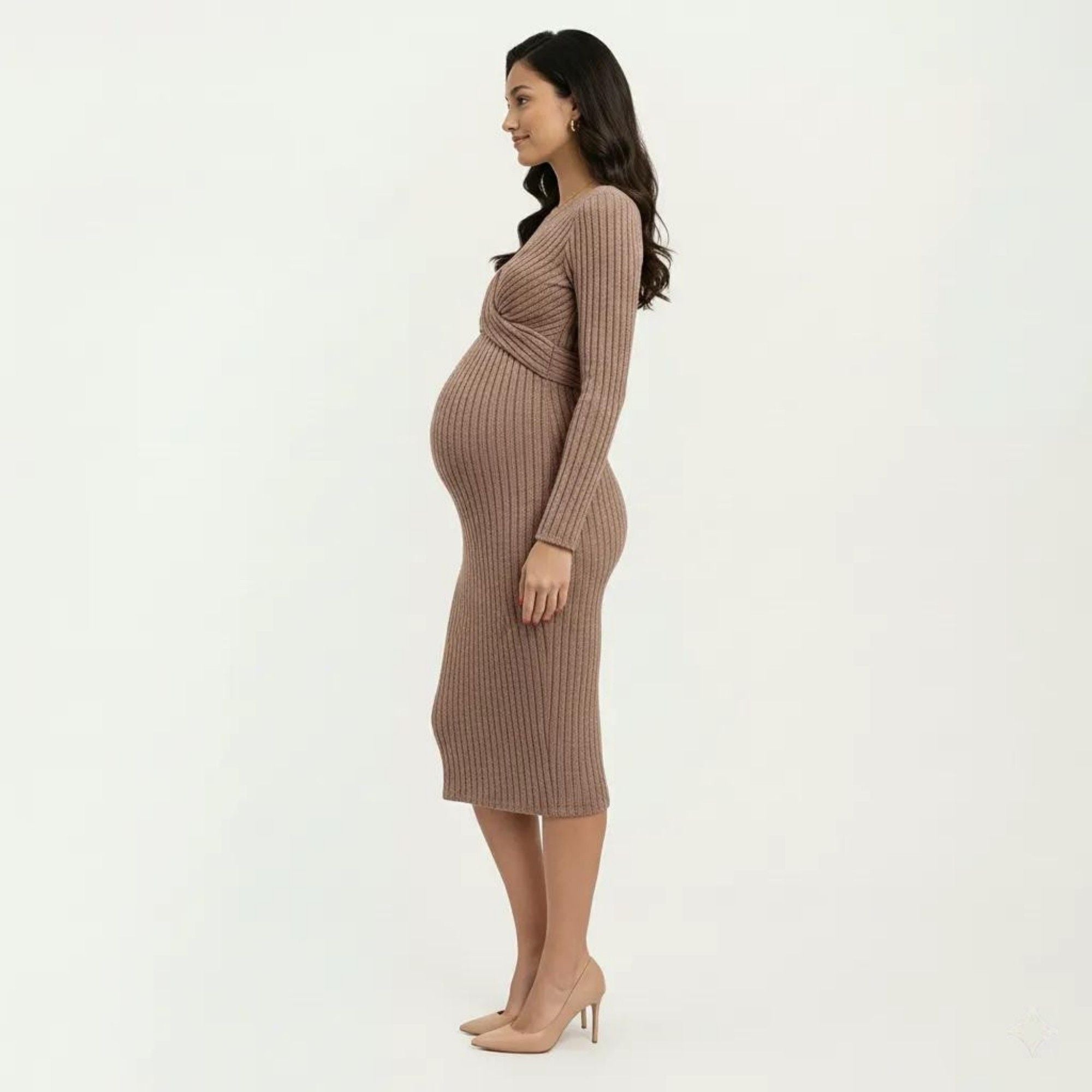 Anna-Kaci Women's Ribbed Knit Bodycon Maternity Dress - Long Sleeve Twist Front Stretch Midi