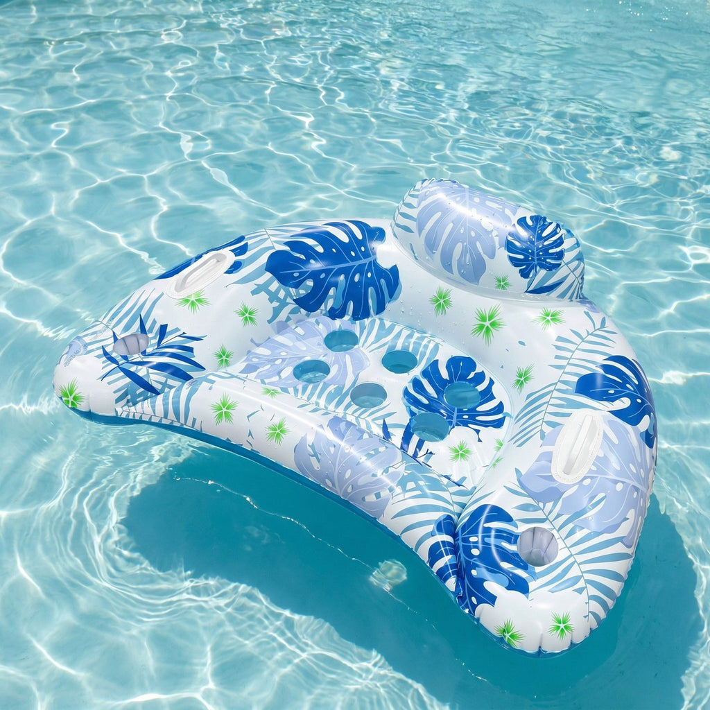 Inflatable Pool Lounger with Tropical Leaf Print and Cup Holders