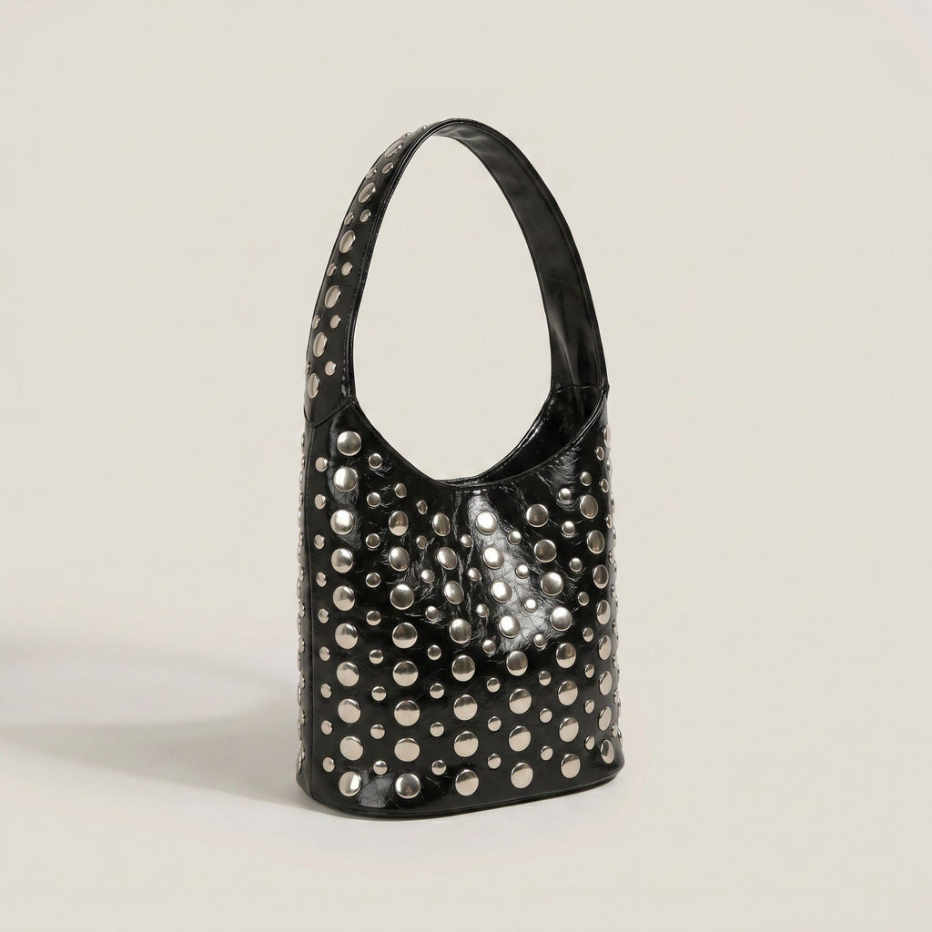 Studded Bucket Shoulder Bag with Glossy Finish Wide Strap Structured Silhouette Fashion Handbag 9.5x8.5x5 in