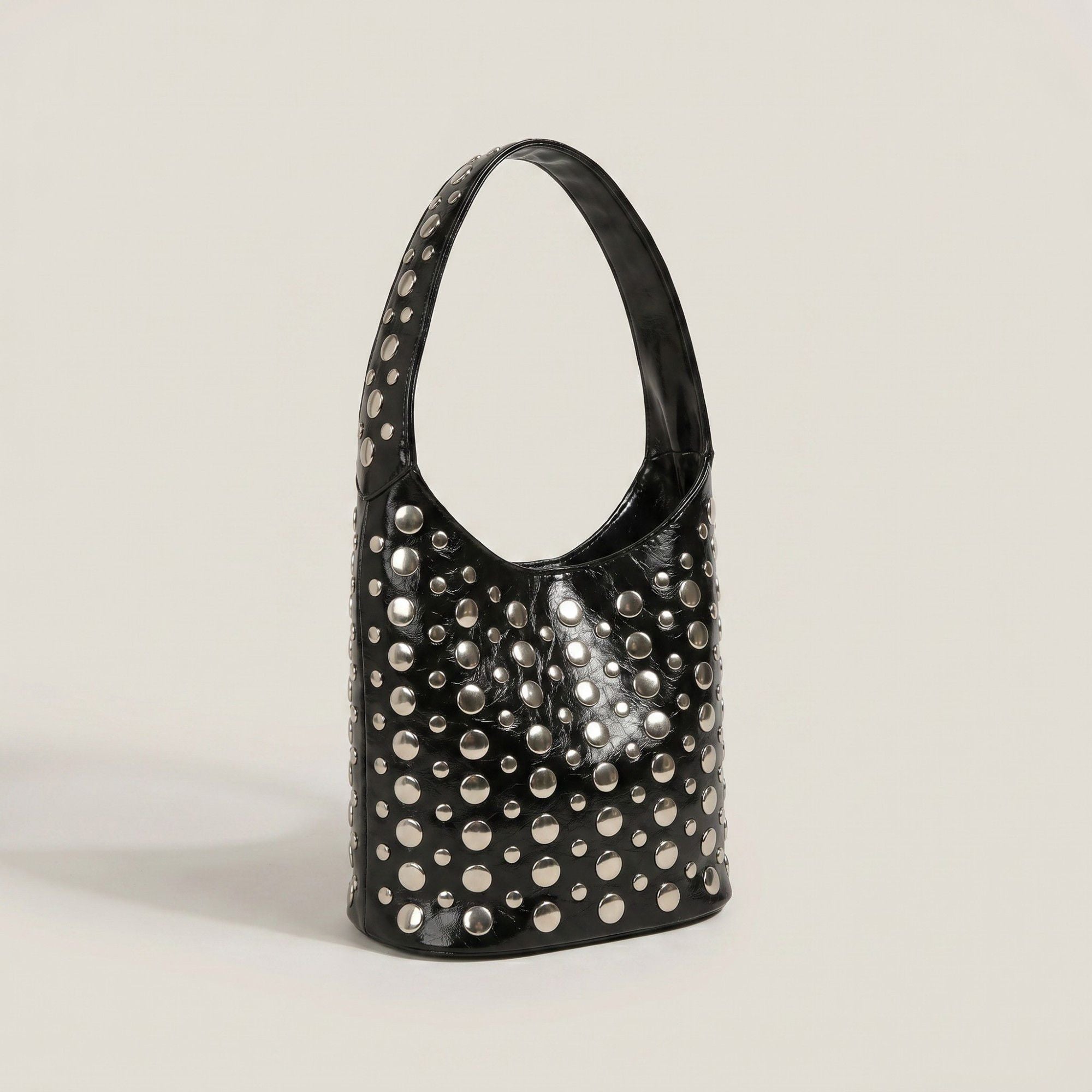 Studded Bucket Shoulder Bag with Glossy Finish Wide Strap Structured Silhouette Fashion Handbag 9.5x8.5x5 in