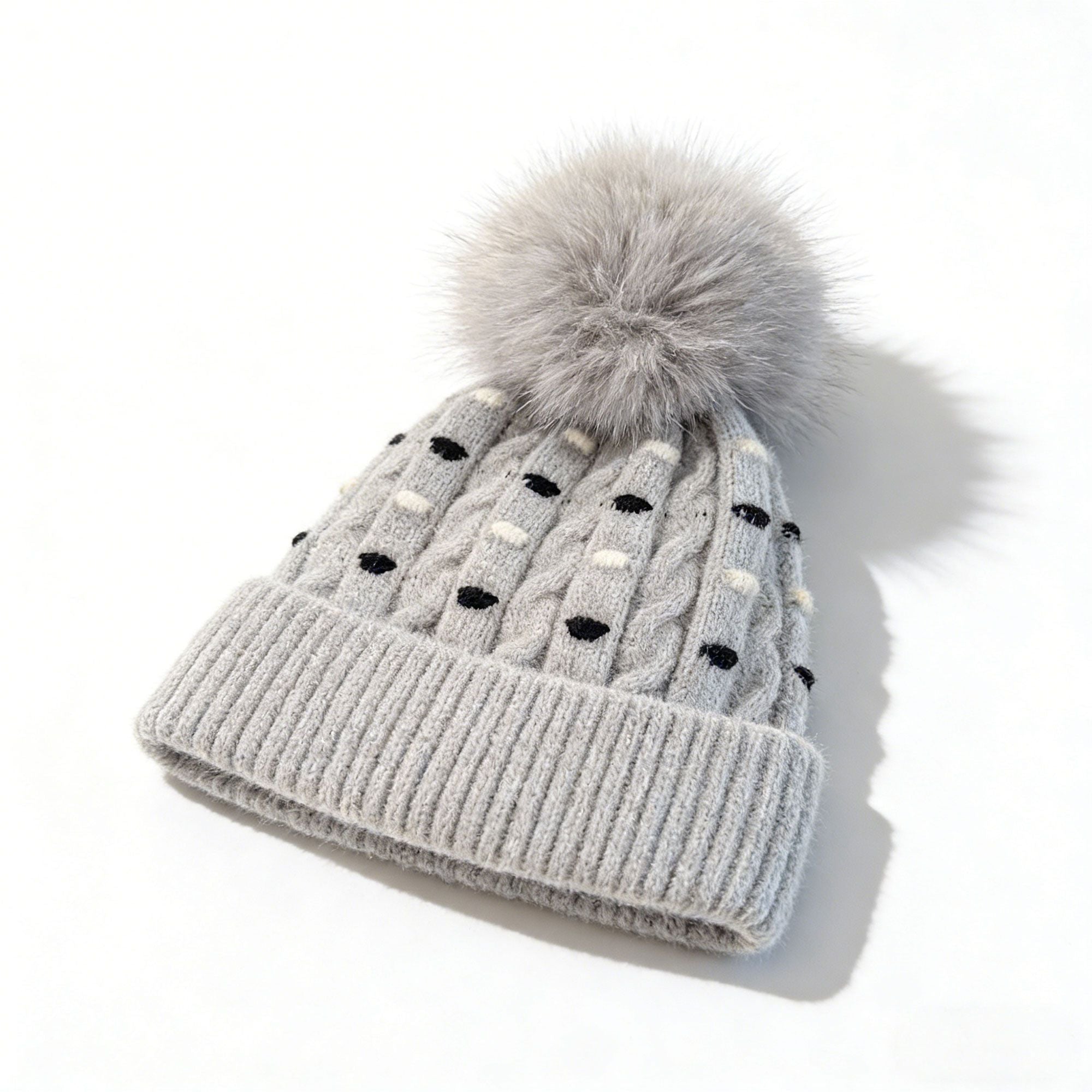 Anna-Kaci Women's Knit Beanie with Large Faux Fur Pom-Pom - Winter Hat with Embroidered Accents