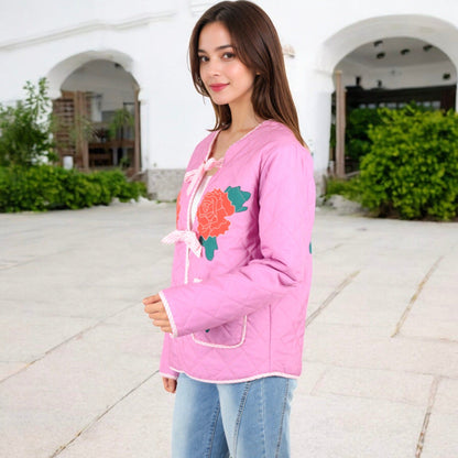 Quilted Floral Jacket with Bow Tie Closures and Patch Pockets