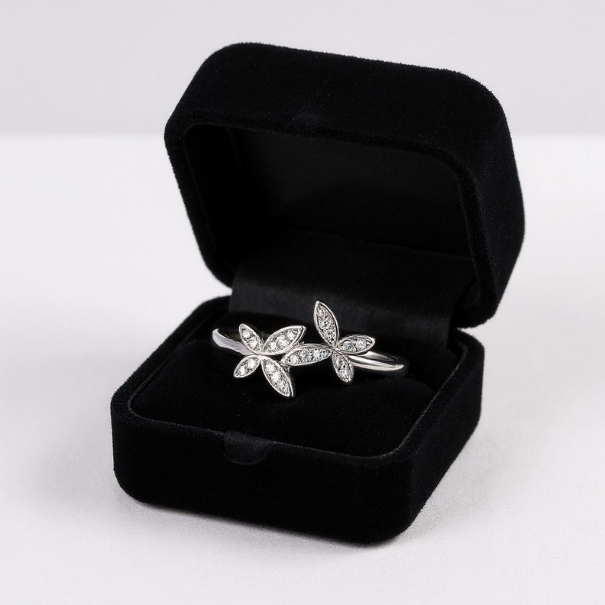 Women's Double Flower Leaf Design Ring with Crystal Detailing