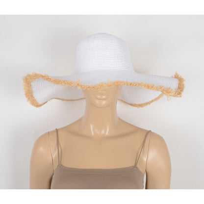 Anna-Kaci Wide Brim Straw Floppy Hat with Frayed Edges Lightweight Sun Protection for Beach Vacation Outdoor Travel Style