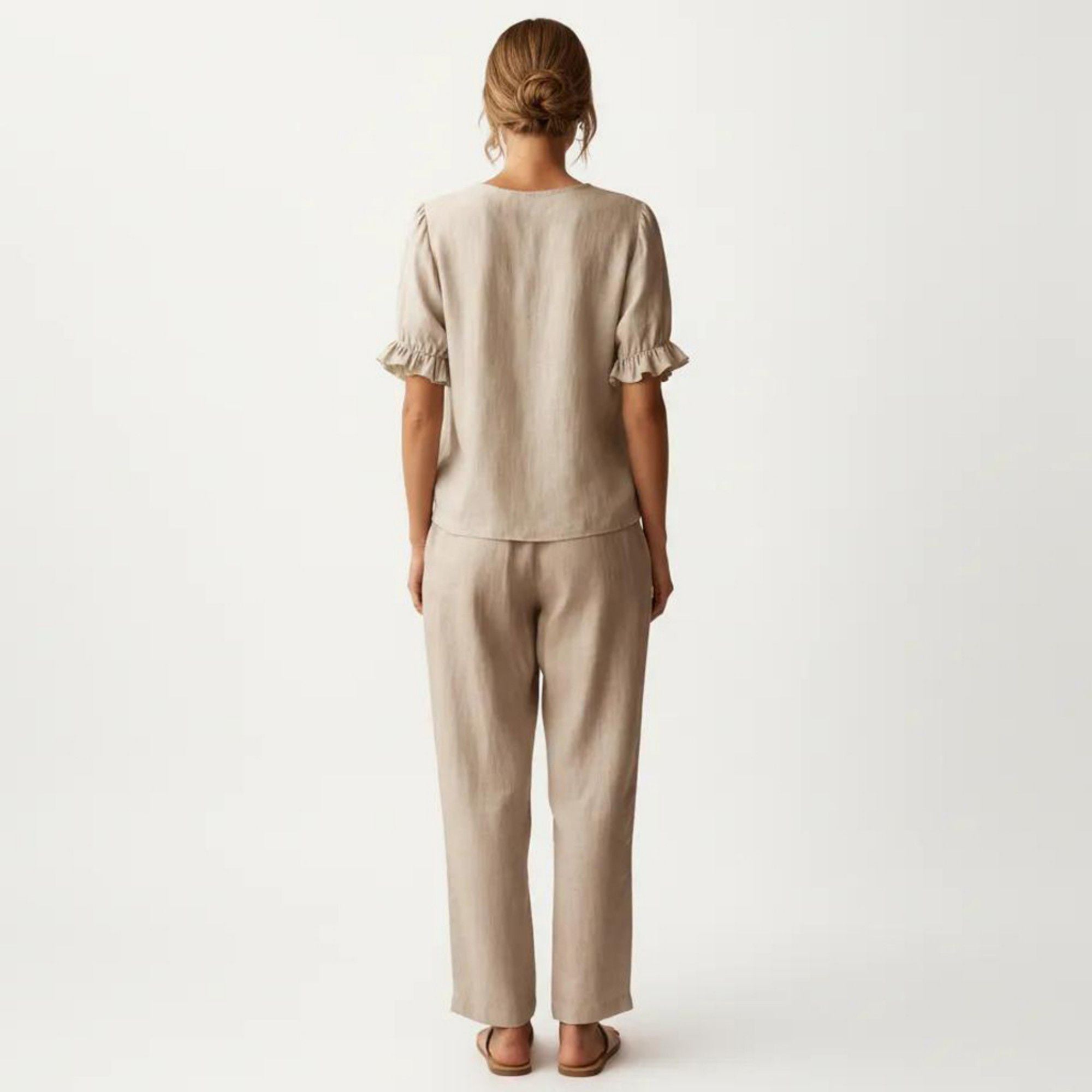 Anna-Kaci Women's Ruffle Neck Blouse with Short Puff Sleeves and Textured Linen-Like Fabric