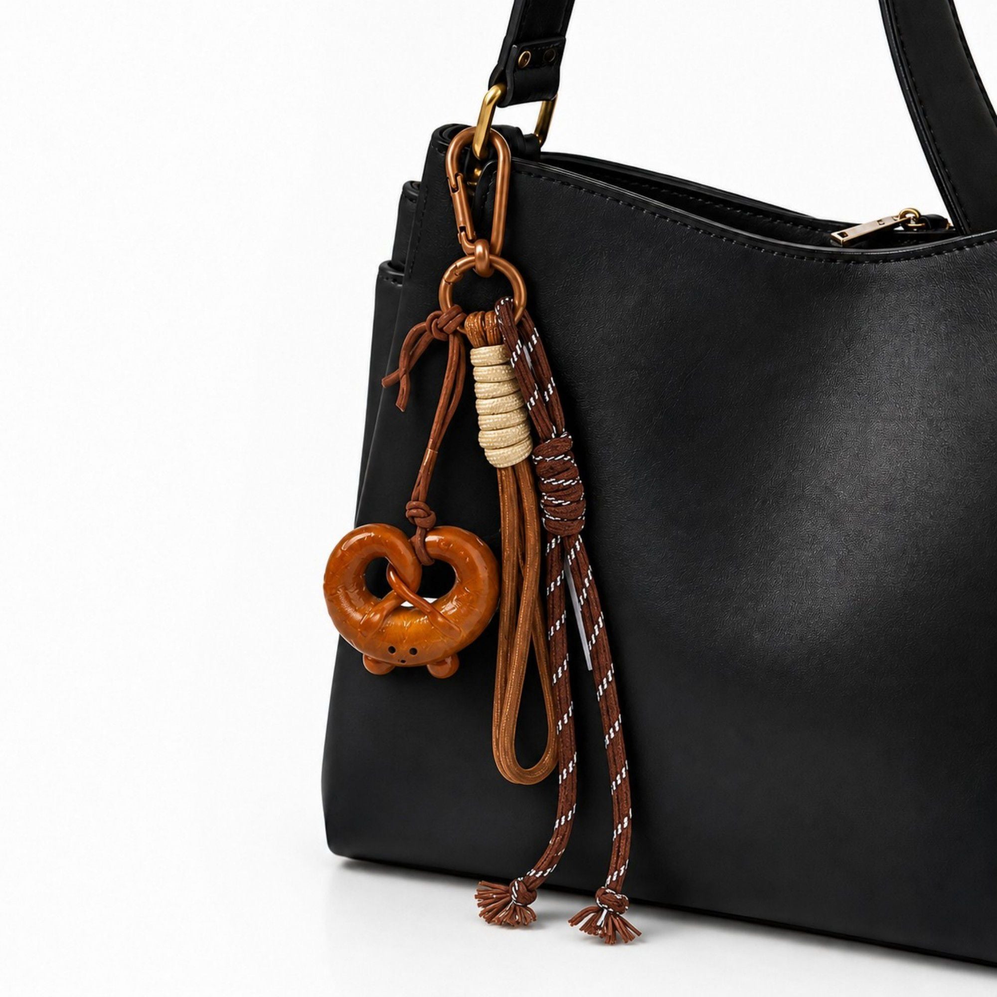 Pretzel Keychain Bag Charm with Brown Cord Tassel Carabiner Clip and Gold Tone Accent
