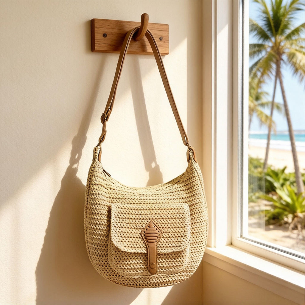 Woven Crochet Hobo Bag with Flap Pocket Leather Strap Slouchy Shoulder Handbag Lightweight Knit Tote