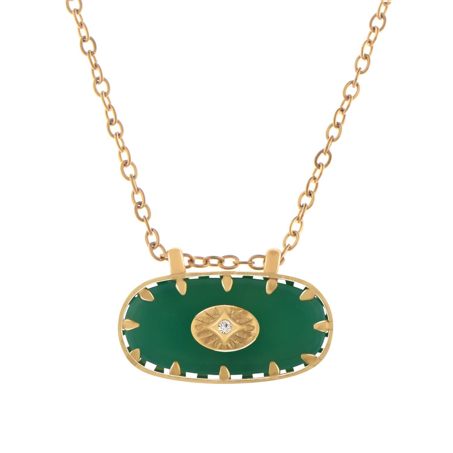 Women's Stainless Steel Fashion Necklace with 18K Gold Plated Pendant, Green Natural Stone Inlay, Adjustable Chain, Unique Design