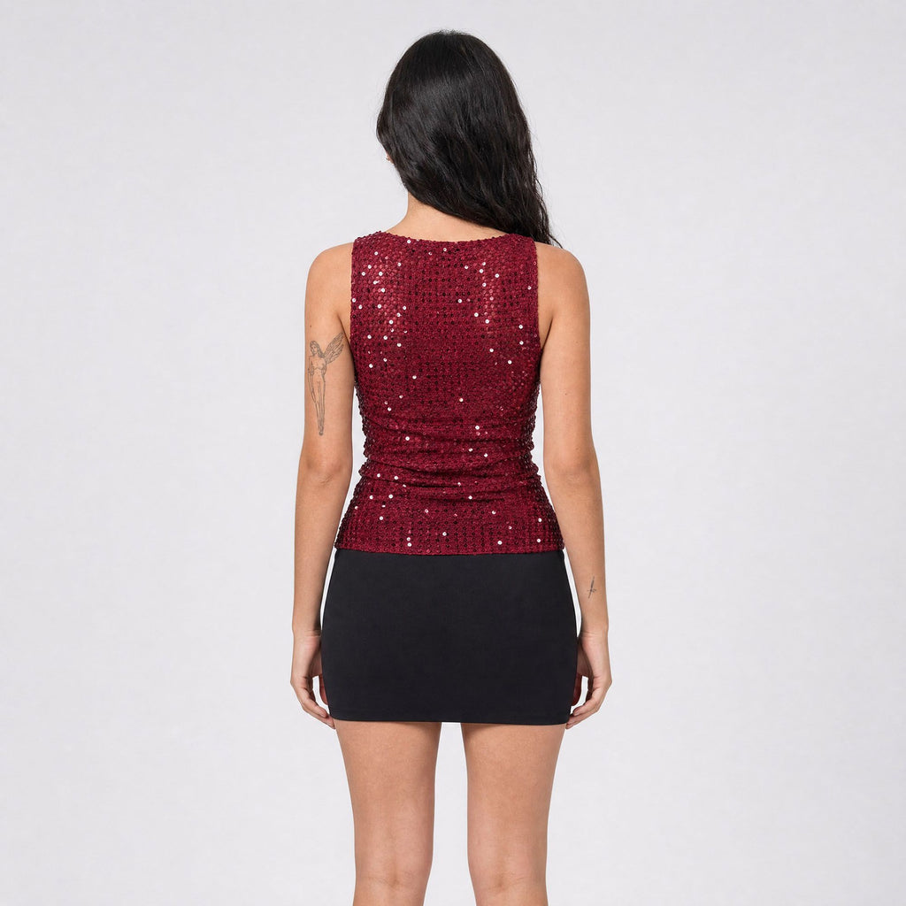 Sequin Sheer Mesh Sleeveless Fitted Top