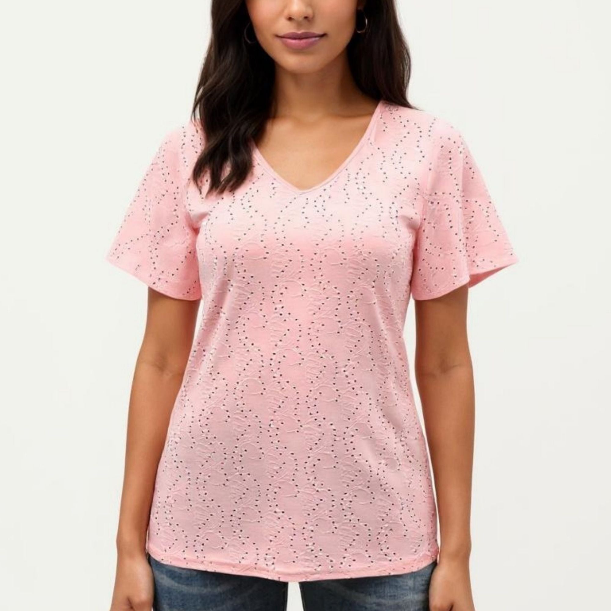 Anna-Kaci Women's Short Sleeve Eyelet V-Neck Top with Floral Embroidery and Flutter Sleeves