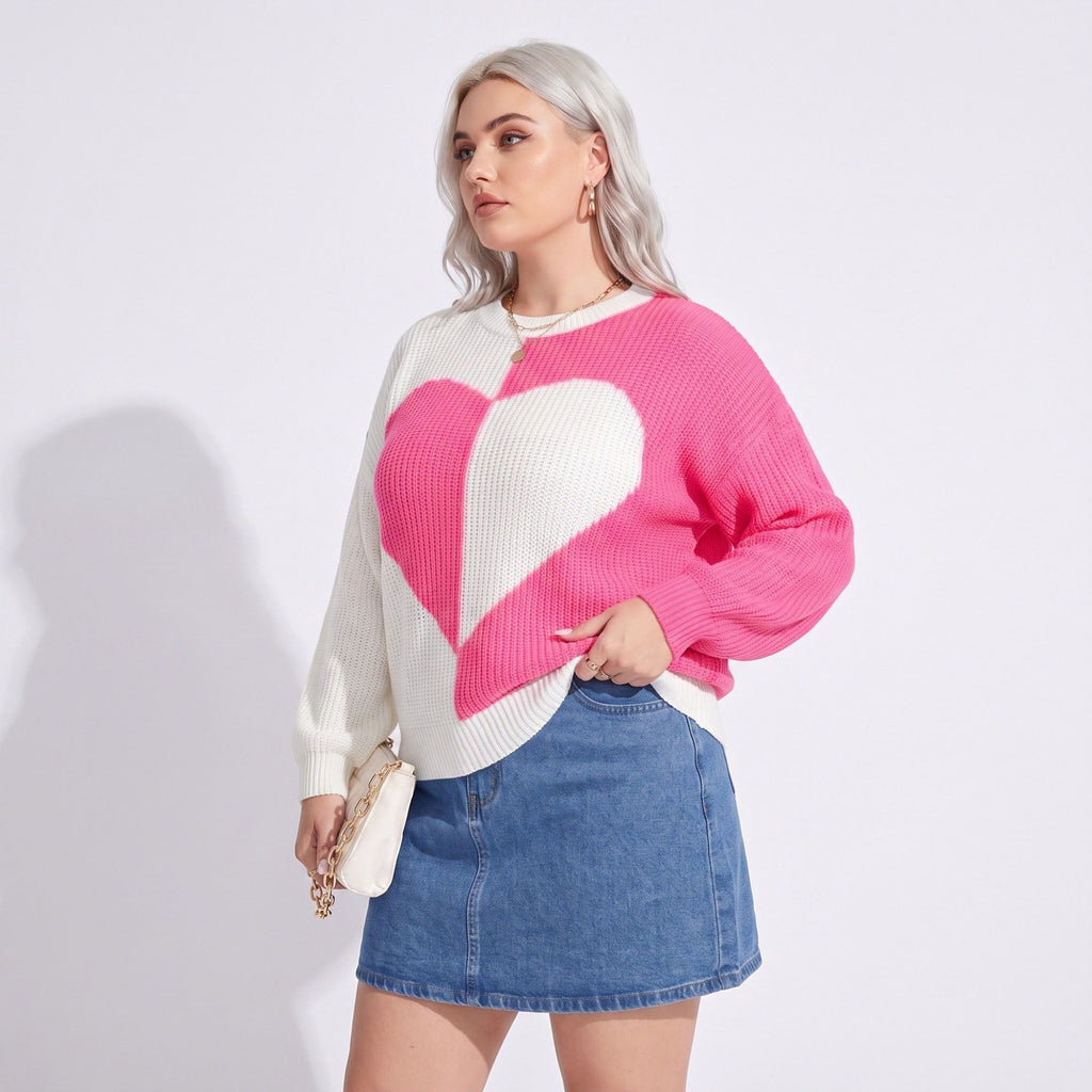 Plus Size Heart Colorblock Crewneck Sweater