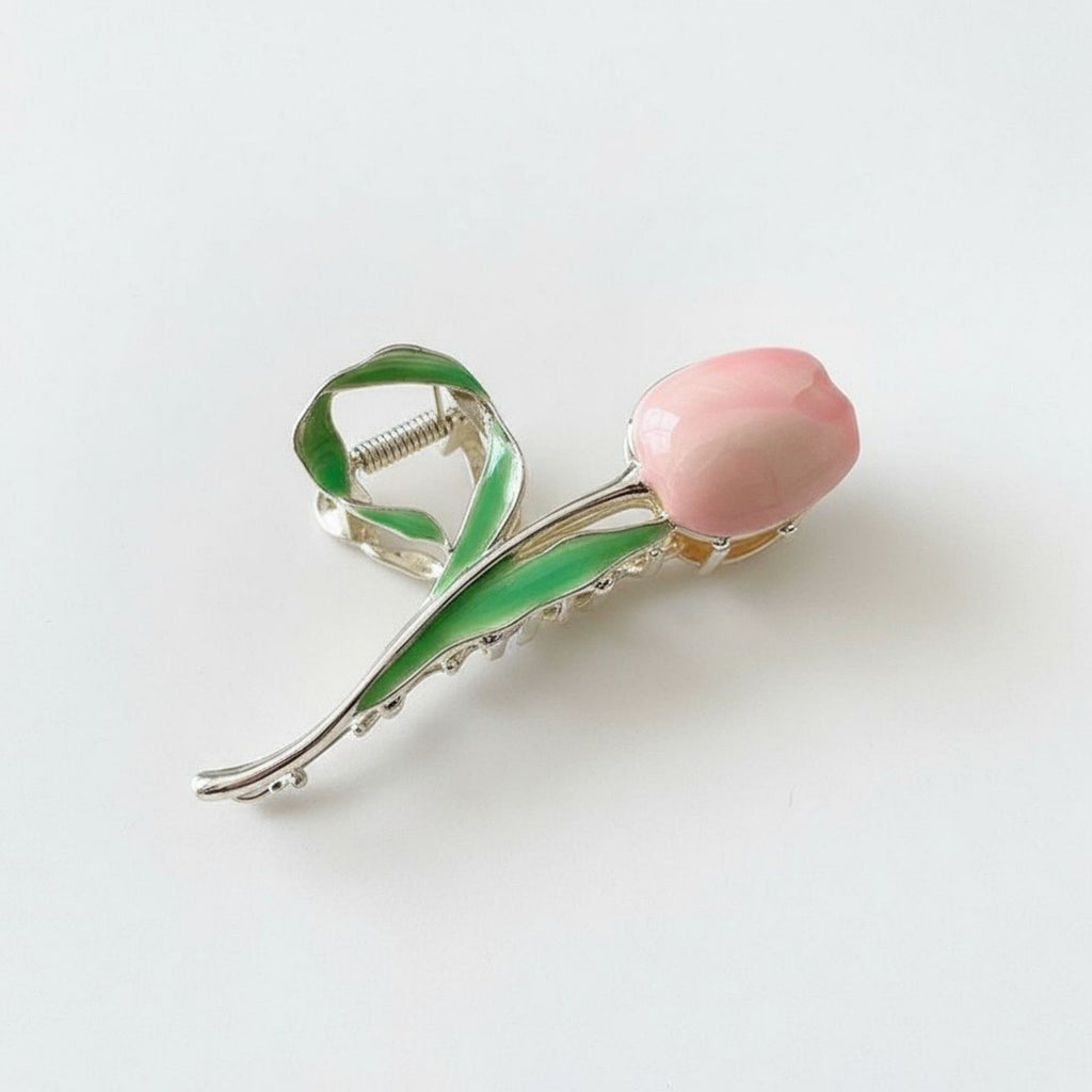Anna-Kaci 2pcs Tulip Flower Metal Hair Claw Clip with Enamel Petal and Leaf Detailing