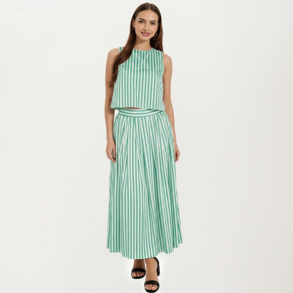 Anna-Kaci Women's Sleeveless Striped Two Piece Set Crop Top and Midi Skirt with Back Button Detail Flowy High Waist Set