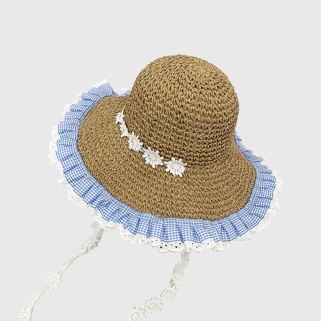 Anna-Kaci Women's Straw Sun Hat with Gingham & Lace Trim