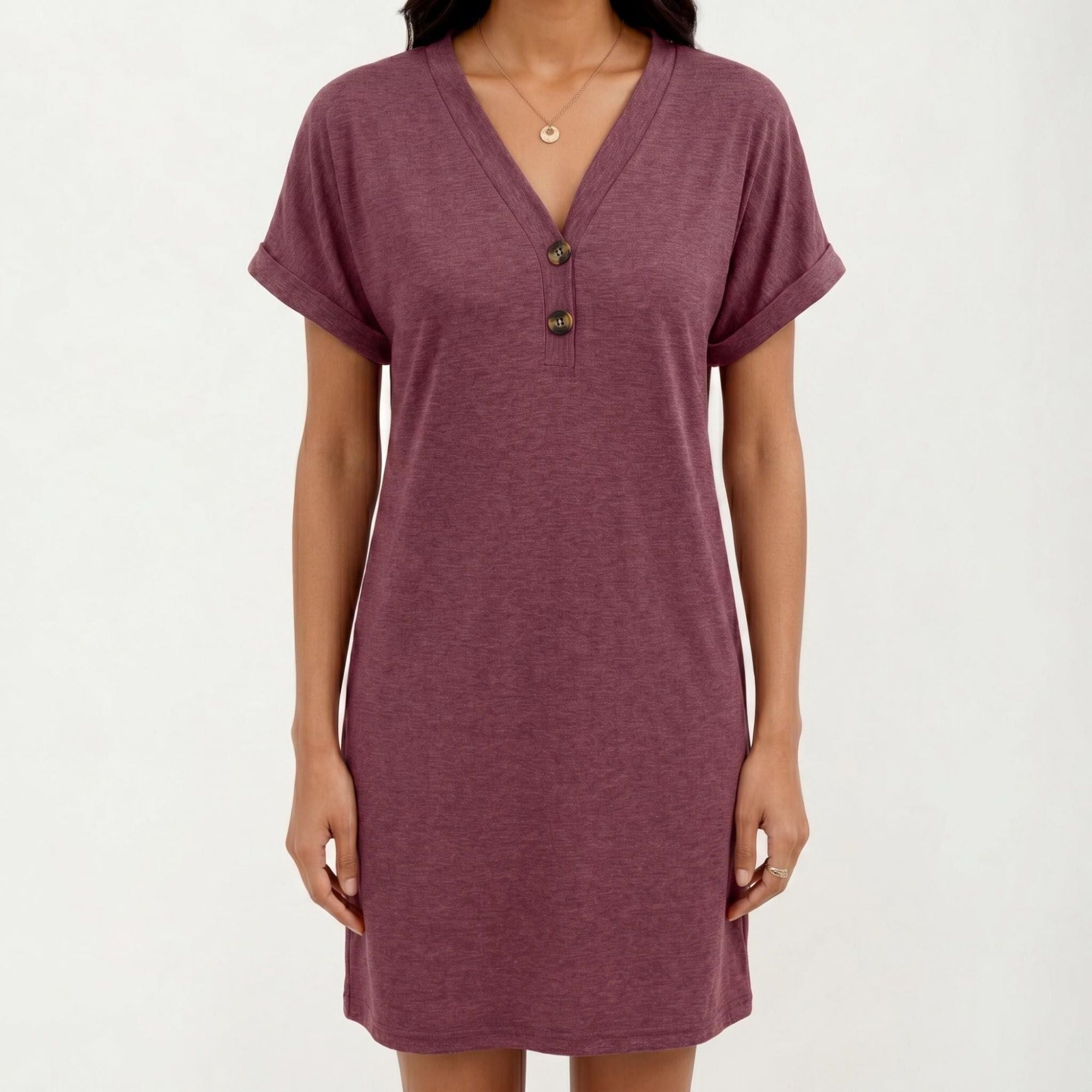 Anna-Kaci Women's Short Sleeve V Neck Shift Dress with Button Detail Relaxed Fit Casual Tunic Dress