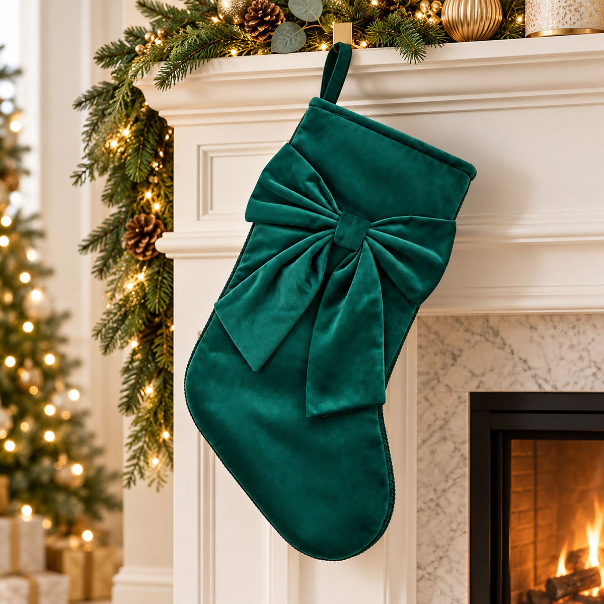 Velvet Bow Christmas Stocking Hanging Fireplace Mantel Holiday Decor
