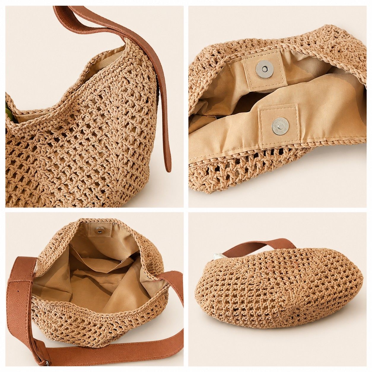 Woven Hobo Shoulder Bag with Magnetic Closure and Adjustable Strap