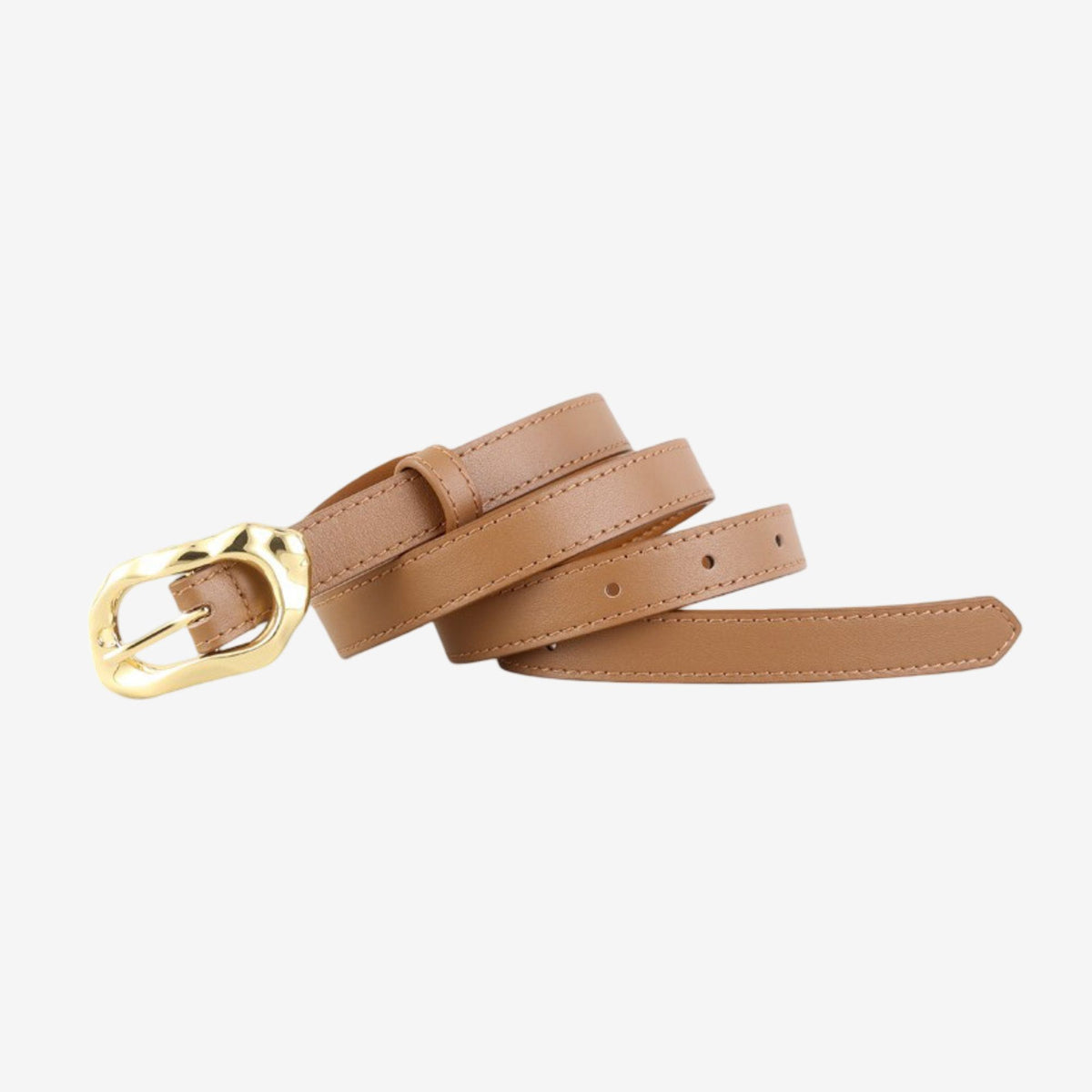 Genuine Leather Skinny Belt with Irregular Gold Tone Buckle 39.4in
