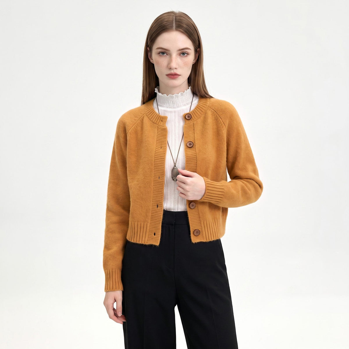 Cropped Crewneck Button-Front Cardigan Sweater
