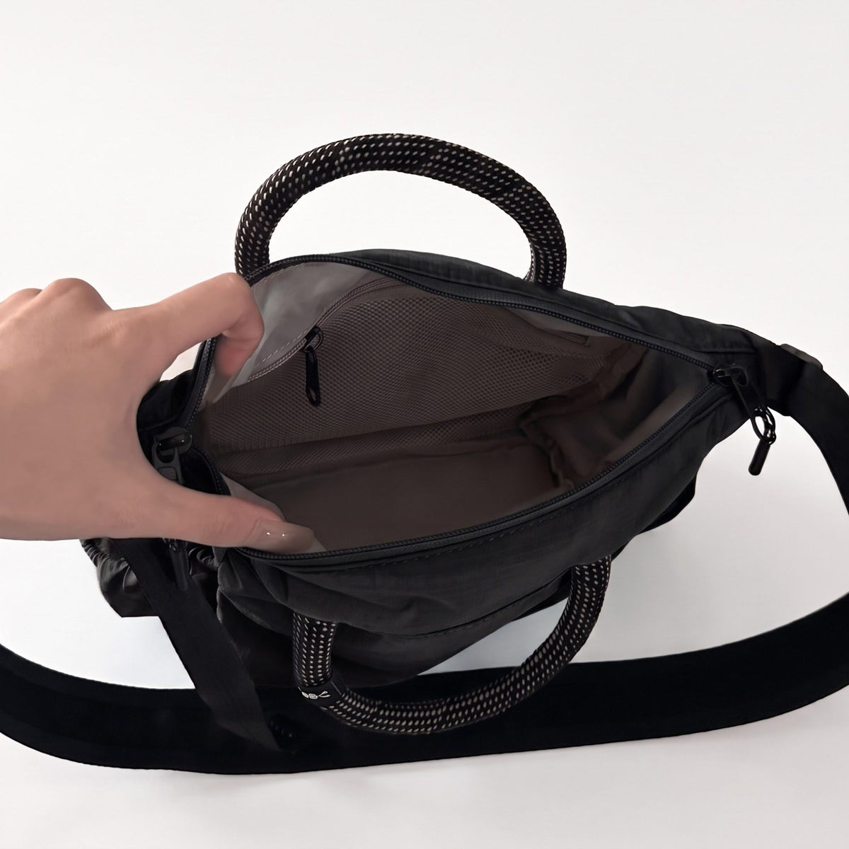 Nylon Crossbody Tote Bag with Top Handles and Multiple Zipper Pockets
