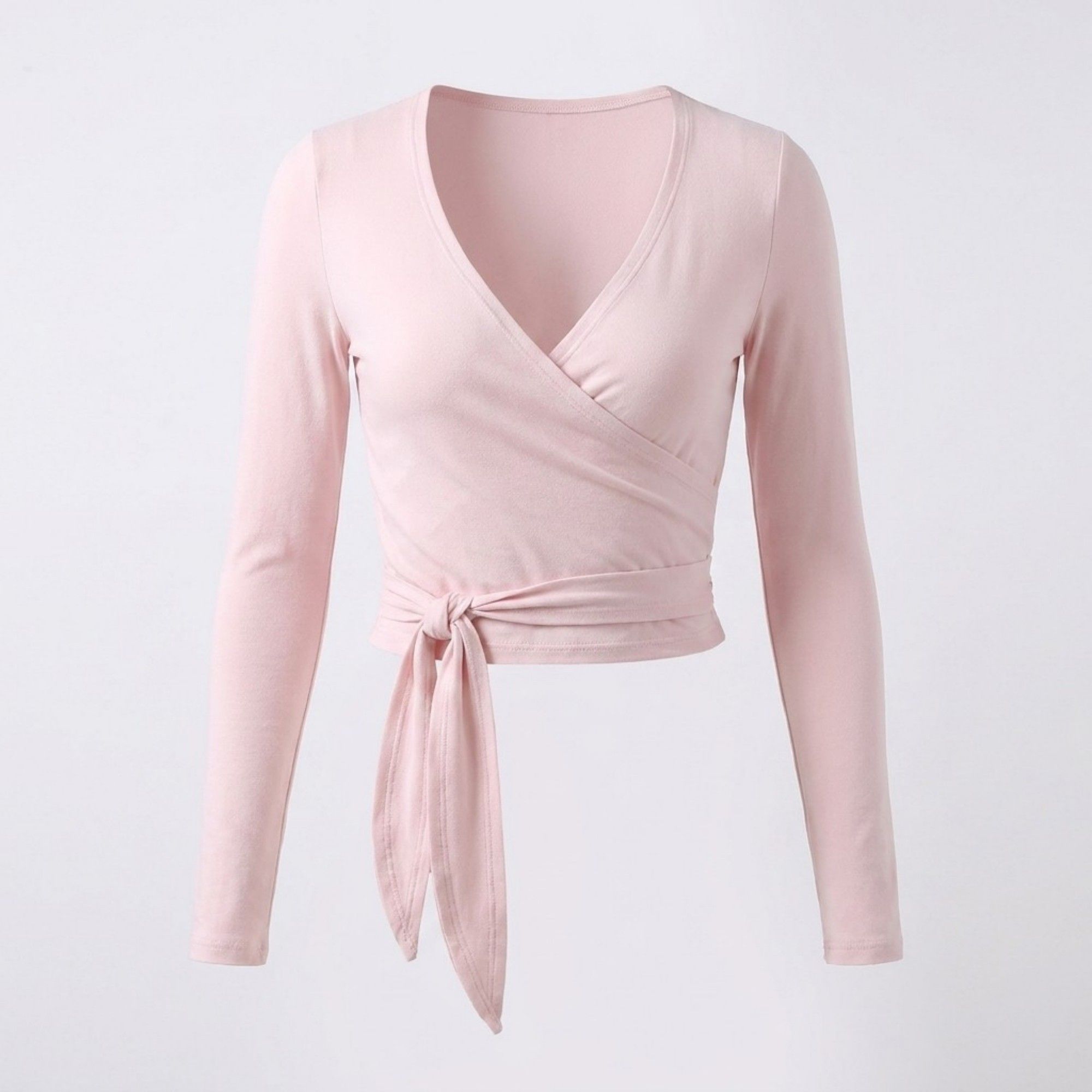 Anna-Kaci Active Womens Long Sleeve Wrap Crop Top with V Neckline Side Tie Waist Smooth Stretch Knit and Fitted Silhouette