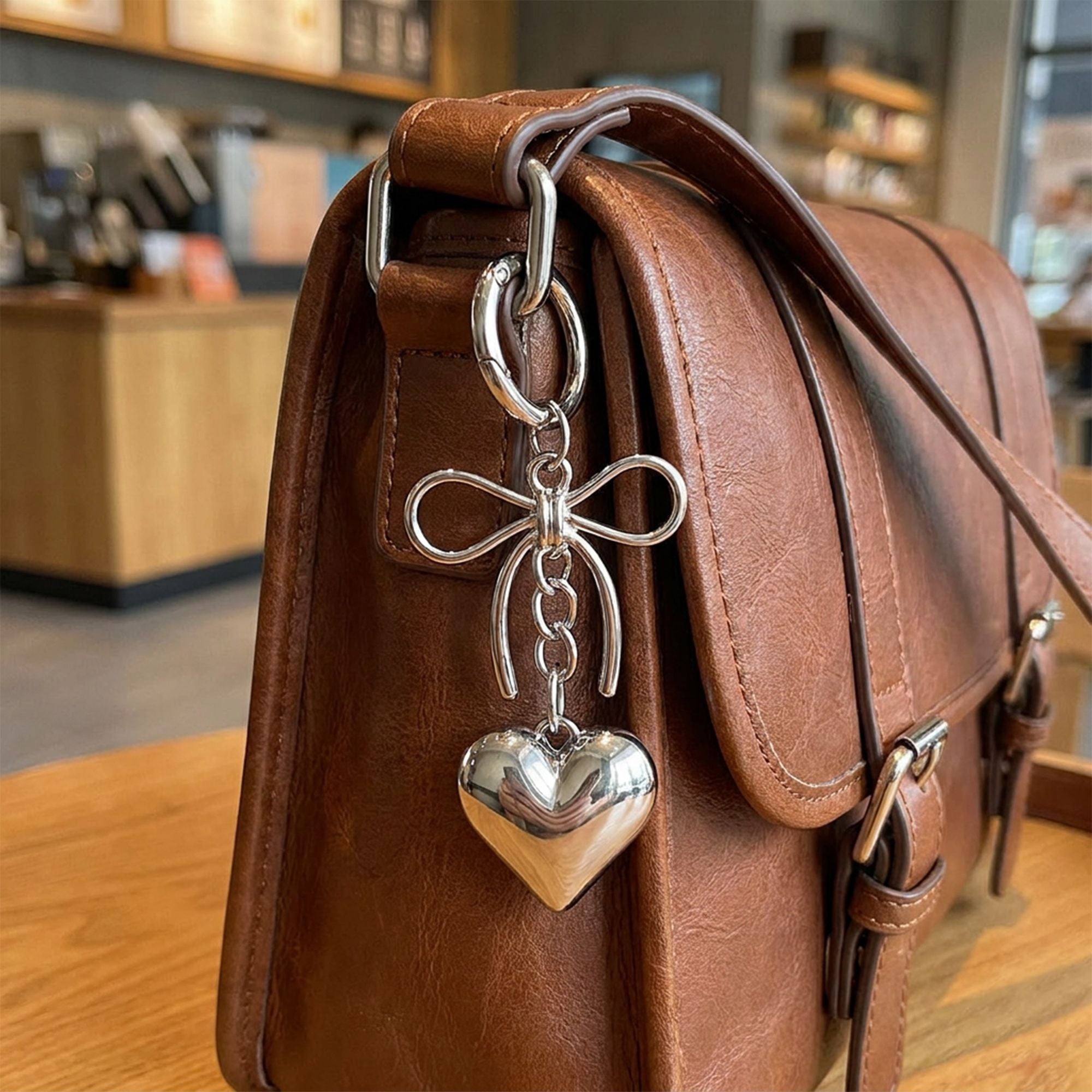2 Pack Metal Heart Keychain with Bow Accent Clip and Polished Bag Charm Pendant