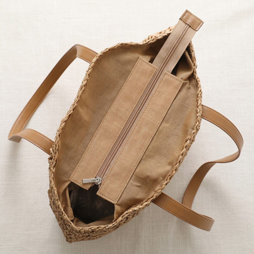Round Woven Straw Tote Bag with Zip Closure Shoulder Handles and Slip Pocket
