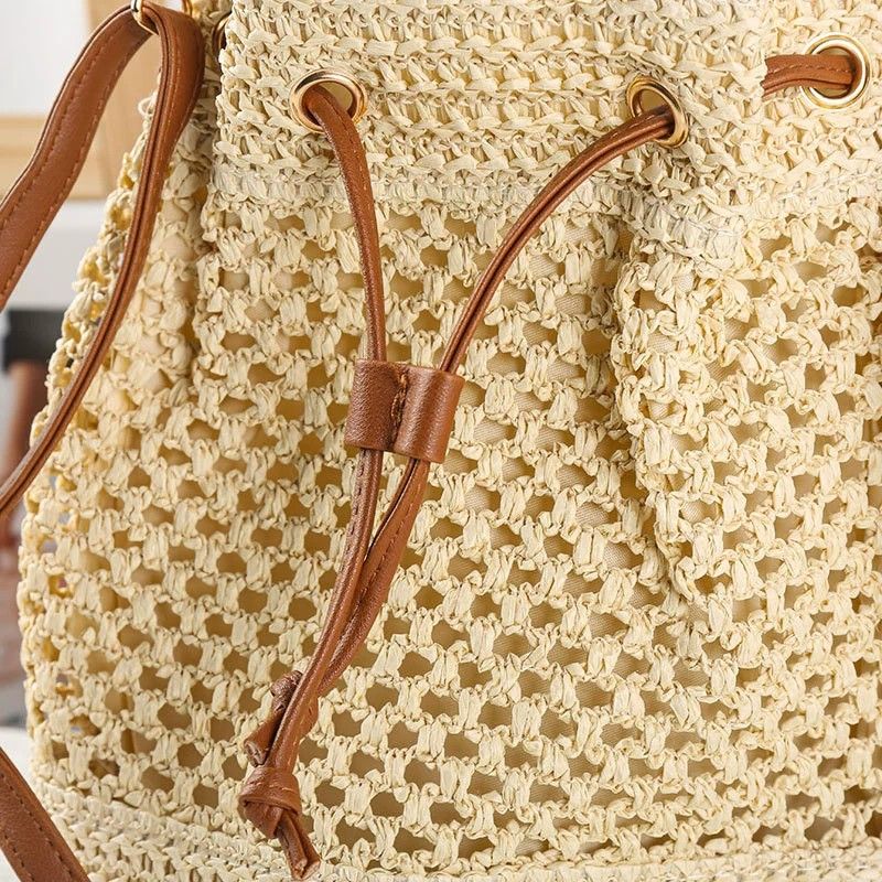 Woven Paper Fiber Bucket Bag Adjustable Strap Crochet Shoulder Handbag with Drawstring Closure