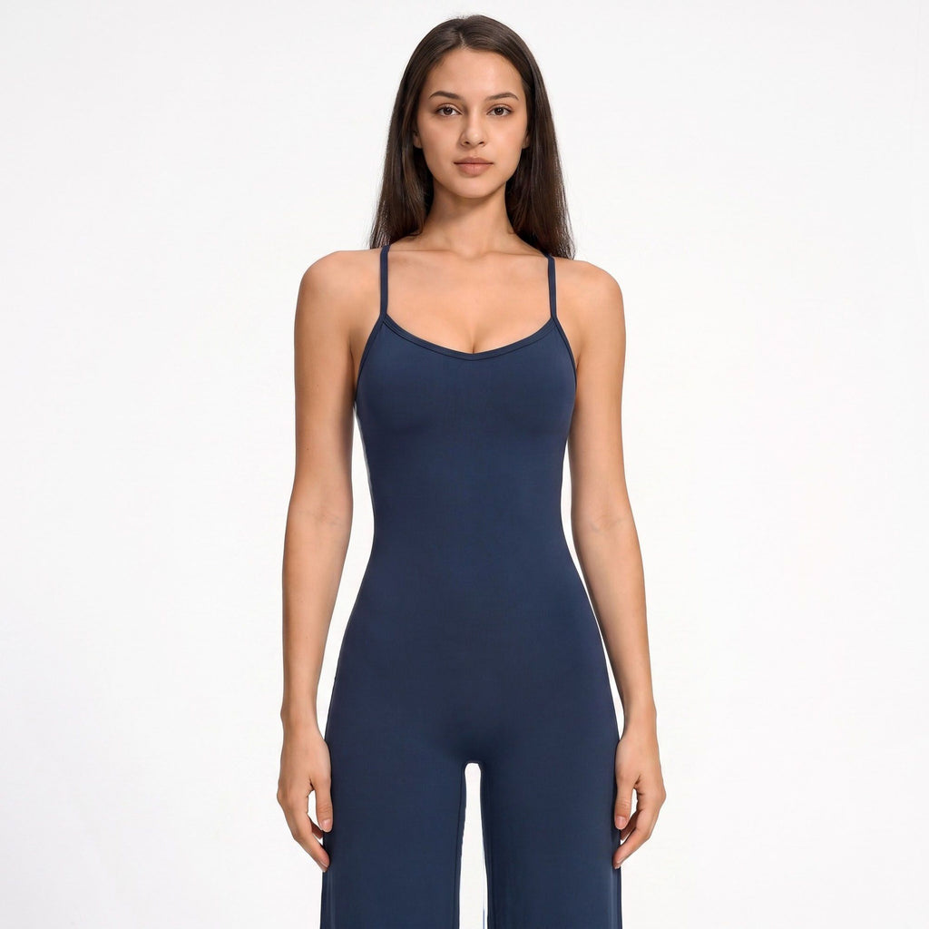 Scoop Neck Wide Leg Athletic Jumpsuit with Adjustable Crisscross Back Straps for Yoga Gym