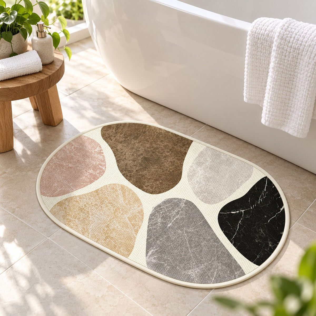 Oval Absorbent Bath Mat with Abstract Stone Print