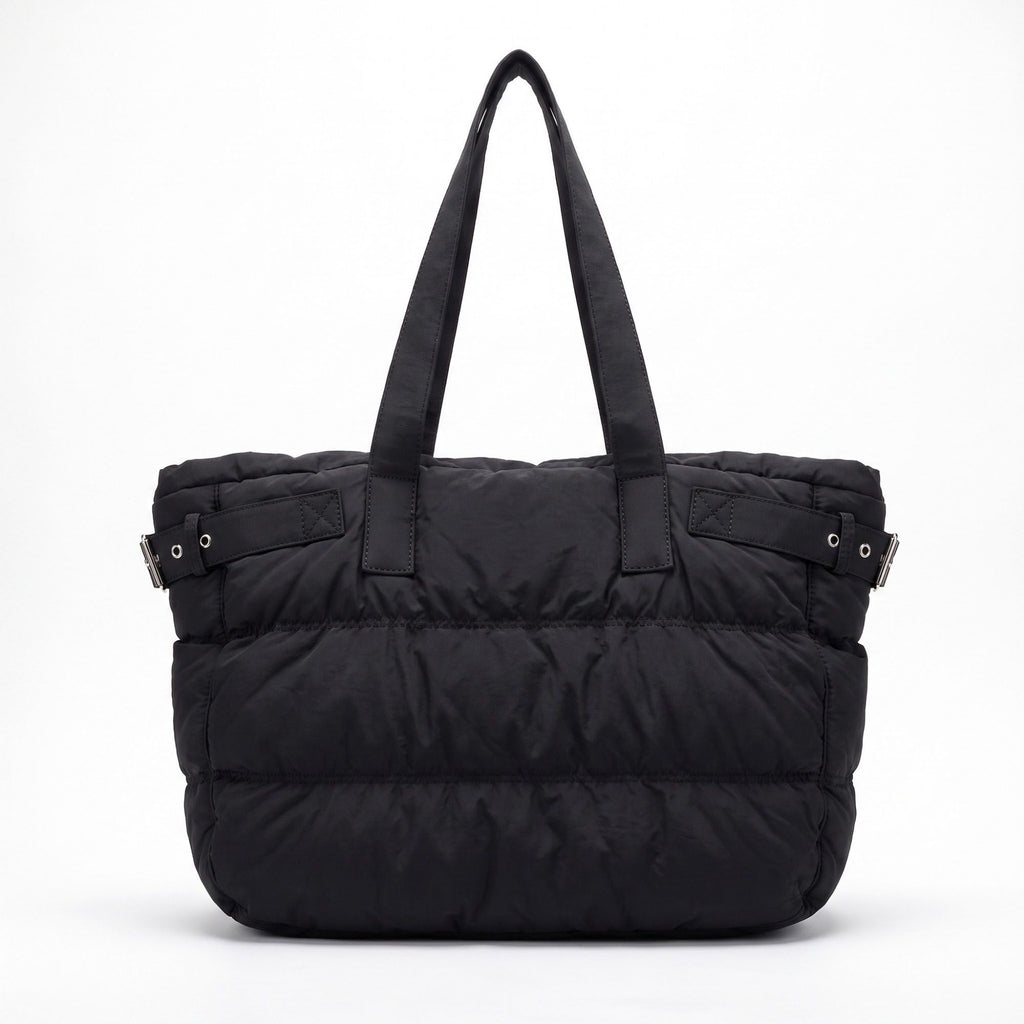 Oversized Puffer Tote Bag with Long Shoulder Straps and Side Buckle Details 13.5x14x4.5in