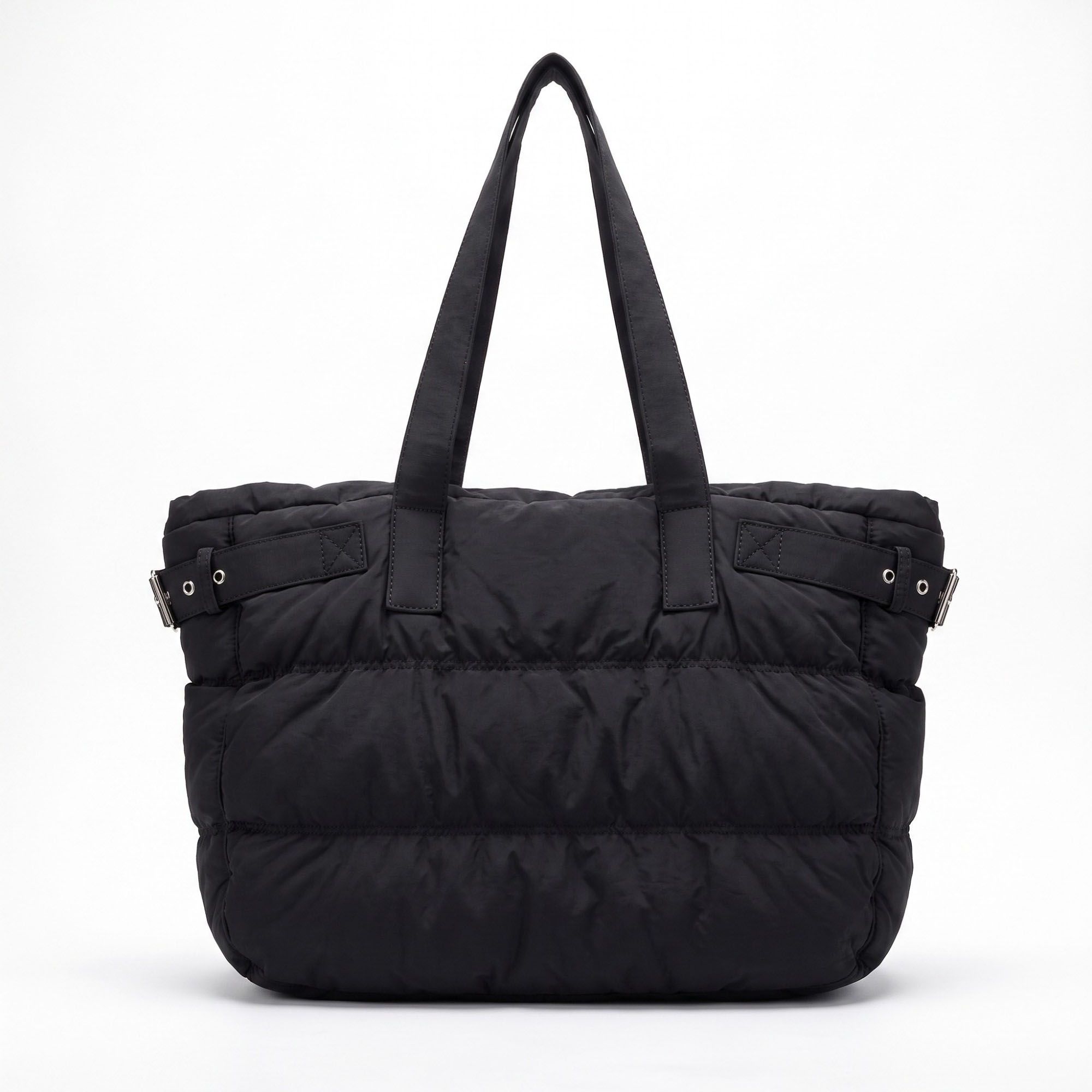 Oversized Puffer Tote Bag with Long Shoulder Straps and Side Buckle Details 13.5x14x4.5in