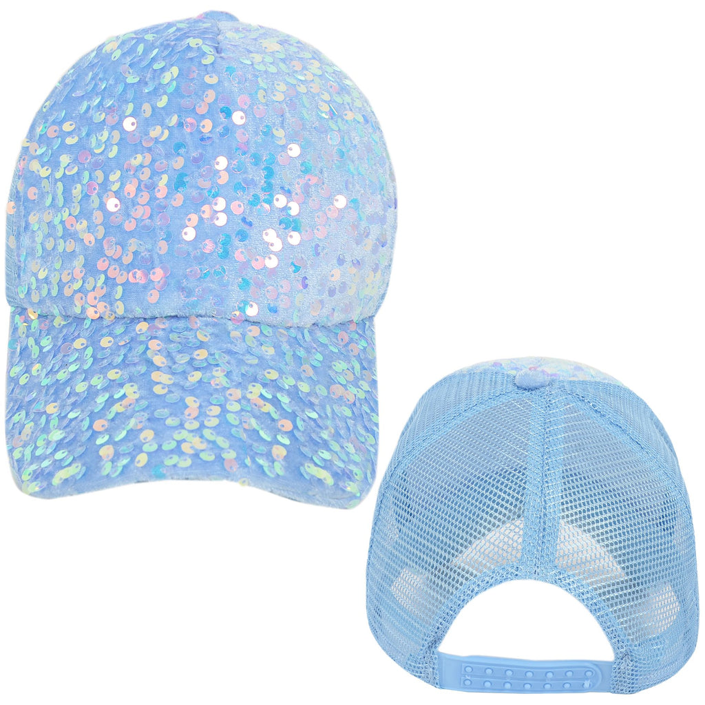 Anna-Kaci Women's Sparkly Sequin Baseball Cap Messy Low Bun Ponycap Velvet Mesh Trucker Hat