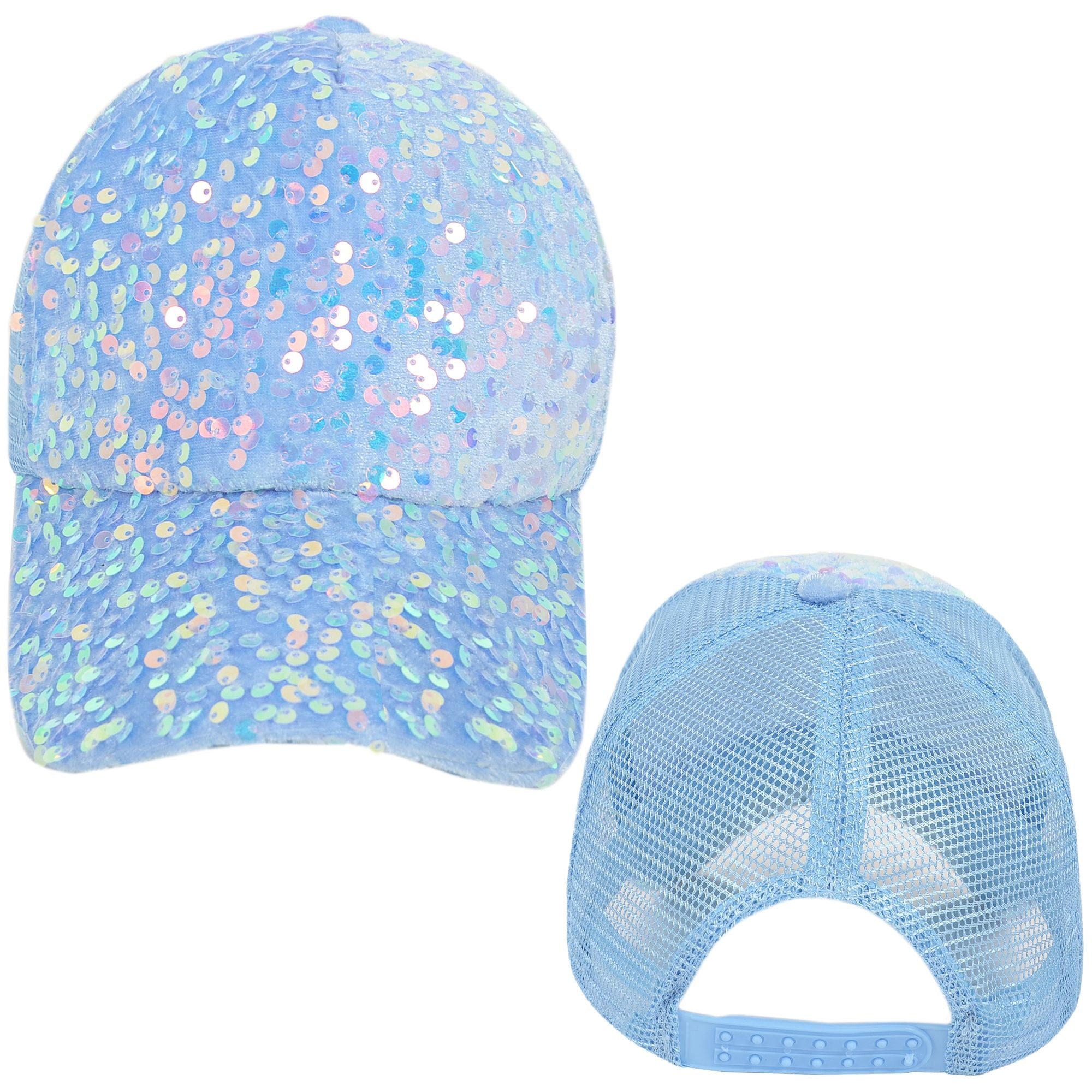 Anna-Kaci Women's Sparkly Sequin Baseball Cap Messy Low Bun Ponycap Velvet Mesh Trucker Hat