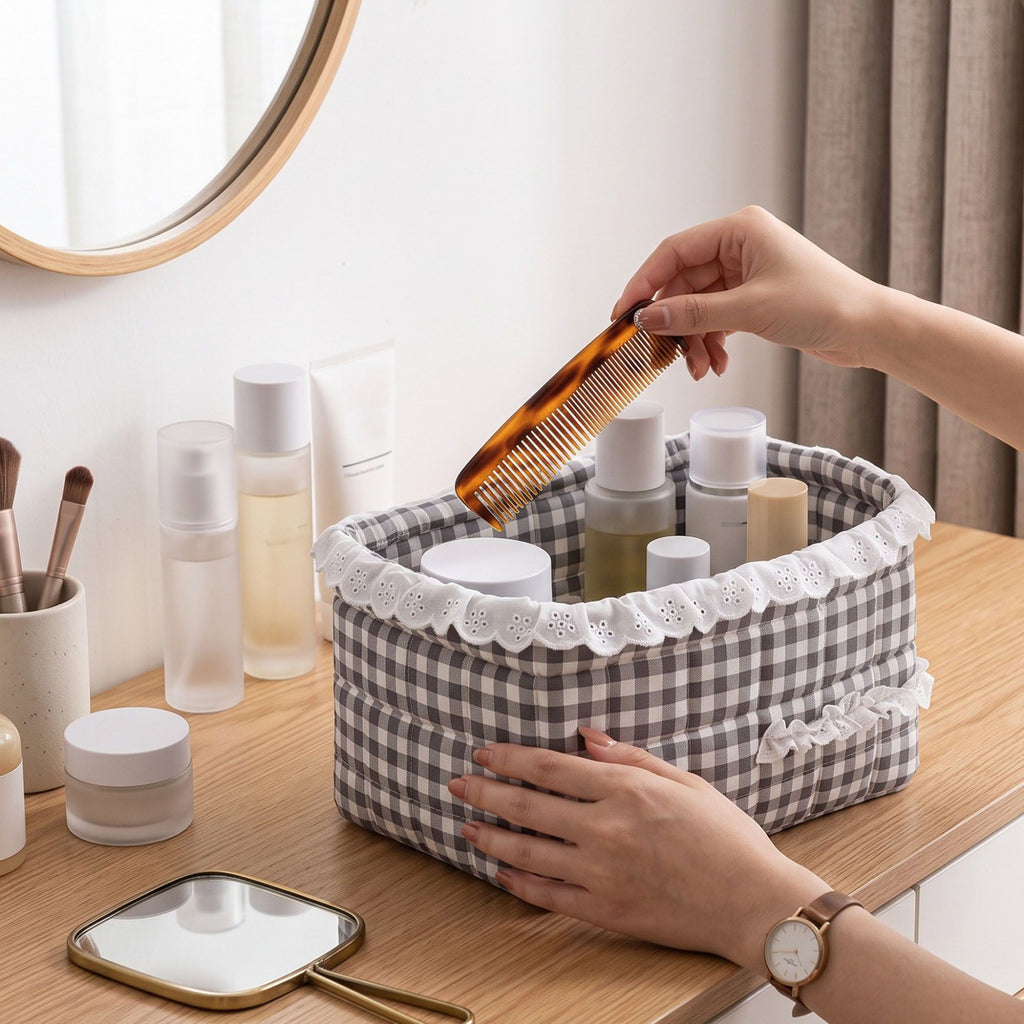 Quilted Gingham Fabric Storage Basket with Lace Trim