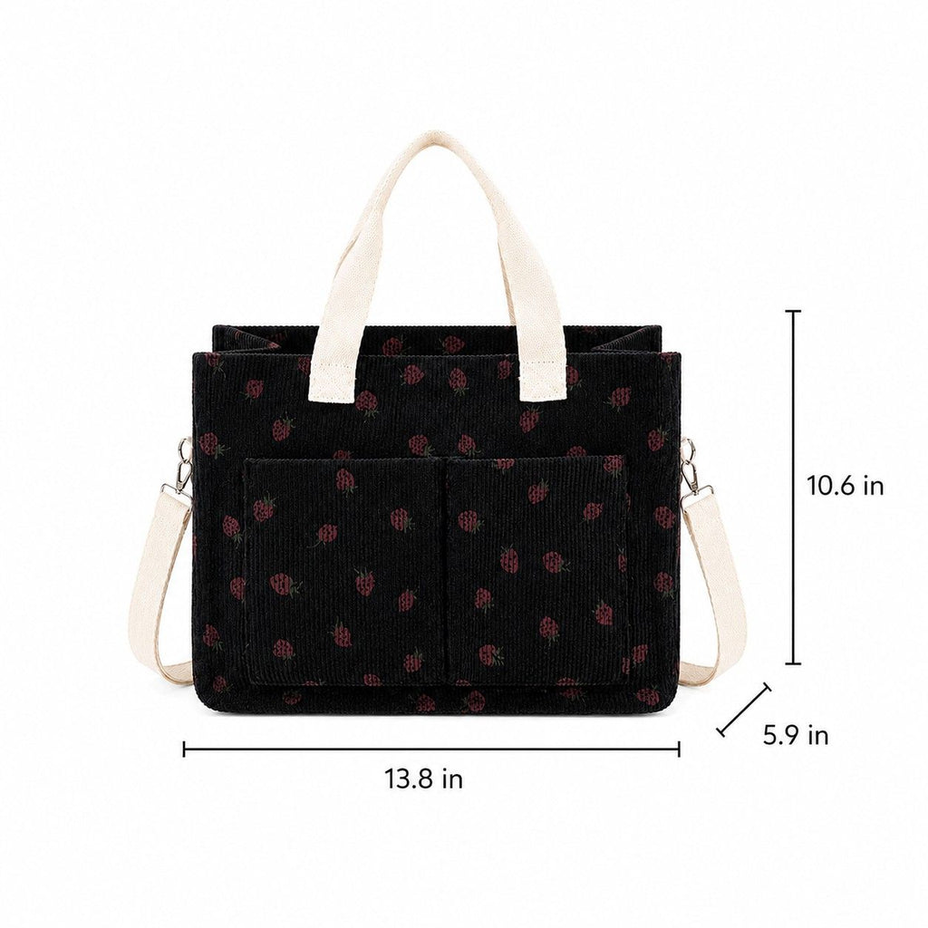 Canvas Strawberry Print Tote Bag with Shoulder Strap and Side Pockets